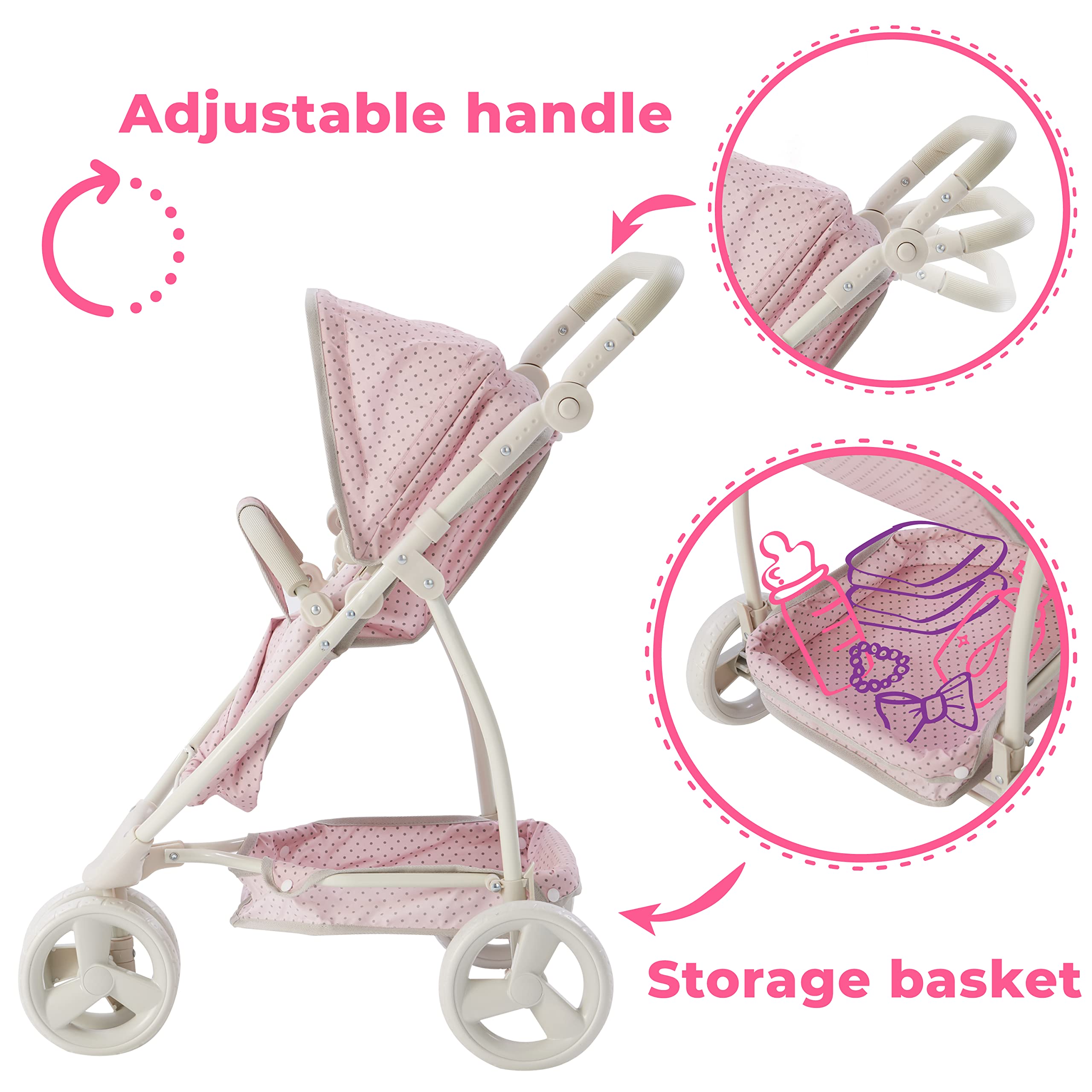 Olivia's Little World - 2-in-1 Baby Doll Bassinet & Stroller for Toddlers, Pink/Gray Princess Doll Pram - Perfect for Imaginative Play, Gift for 5 Year Old Girls, Indoor & Outdoor Use