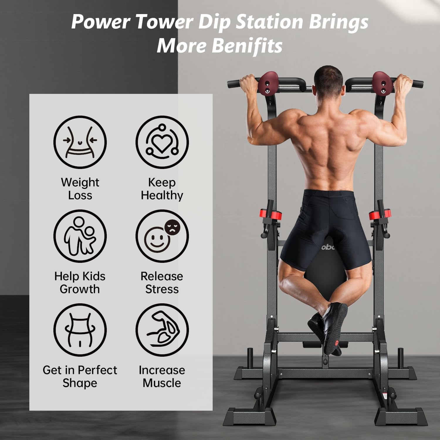Pooboo Adjustable Power Tower Dip Station - Pull Up Bar Stand for Home Gym, Strength Training Equipment for Full Body Workout - Perfect for CrossFit, Calisthenics & Home Fitness Training
