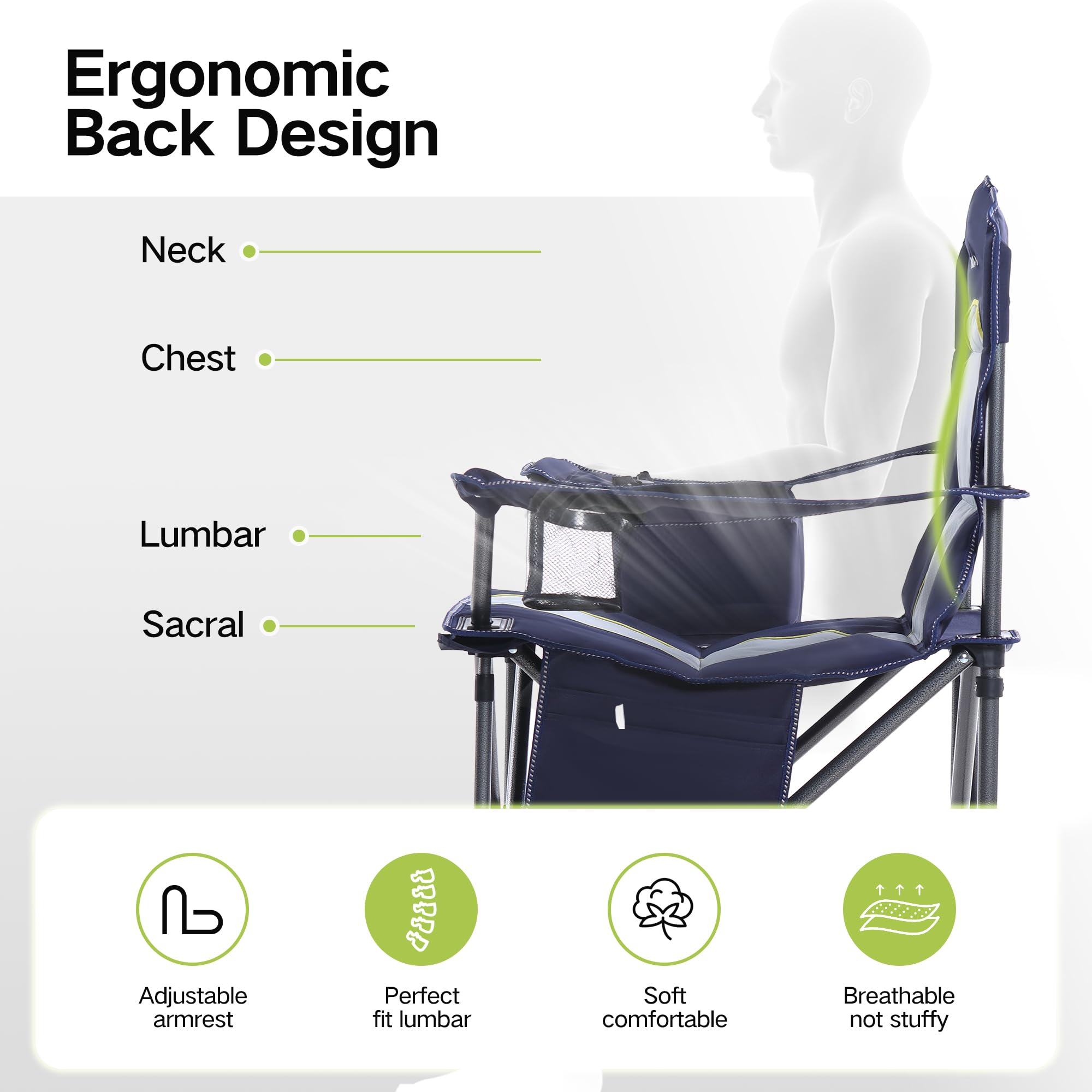 GREEN PARTY Heavy Duty Folding Camping Chair with Cooler Bag - Oversized Padded Outdoor Armchair with Cup Holder & Storage Pocket - Portable Collapsible Lawn Chair for Backyard, Beach, Picnic & Tailgating