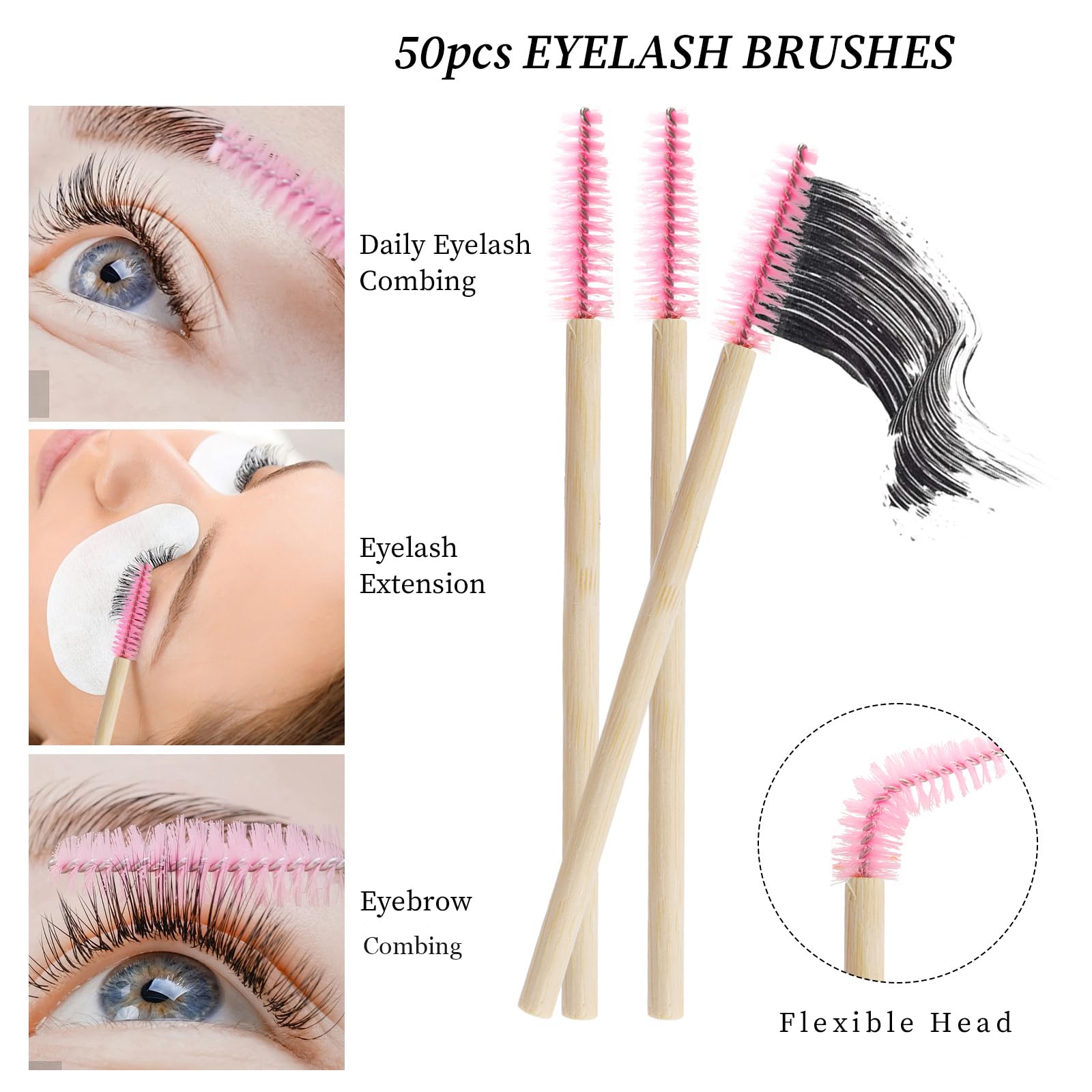 100 Pack Disposable Bamboo Mascara Wands - Eco-Friendly Eyelash Extension Brushes with Soft Pink Handles for Professional Makeup Artists & DIY Beauty | Perfect for Salon, Home Use & Travel Makeup Kits