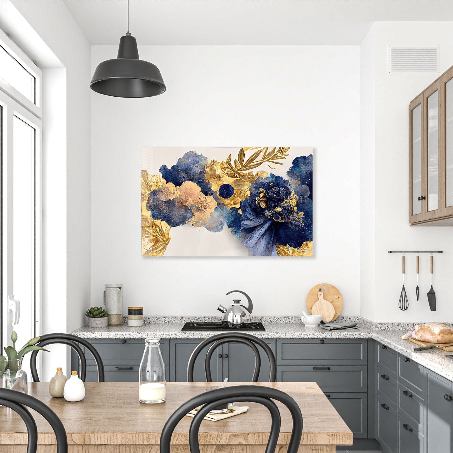 Yellow Blue Floral Tempered Glass Wall Art - Modern Home Decor for Living Room, Bedroom & Office - Shatterproof Glass Painting for Stylish Interior Design