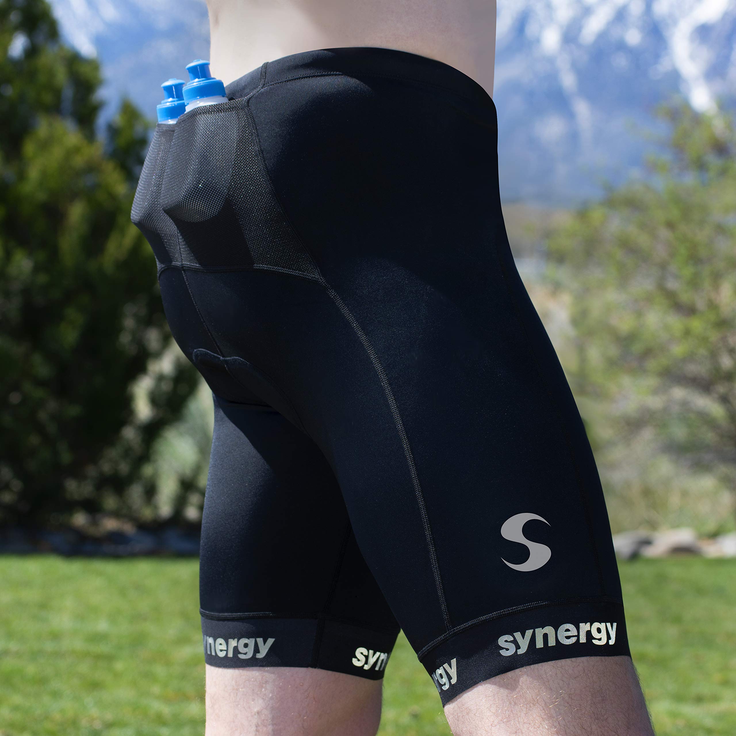 Synergy Men's Elite Triathlon Shorts with Breathable Mesh Pockets & Water Bottle Holders - Perfect for Triathlons, Cycling & Running Workouts
