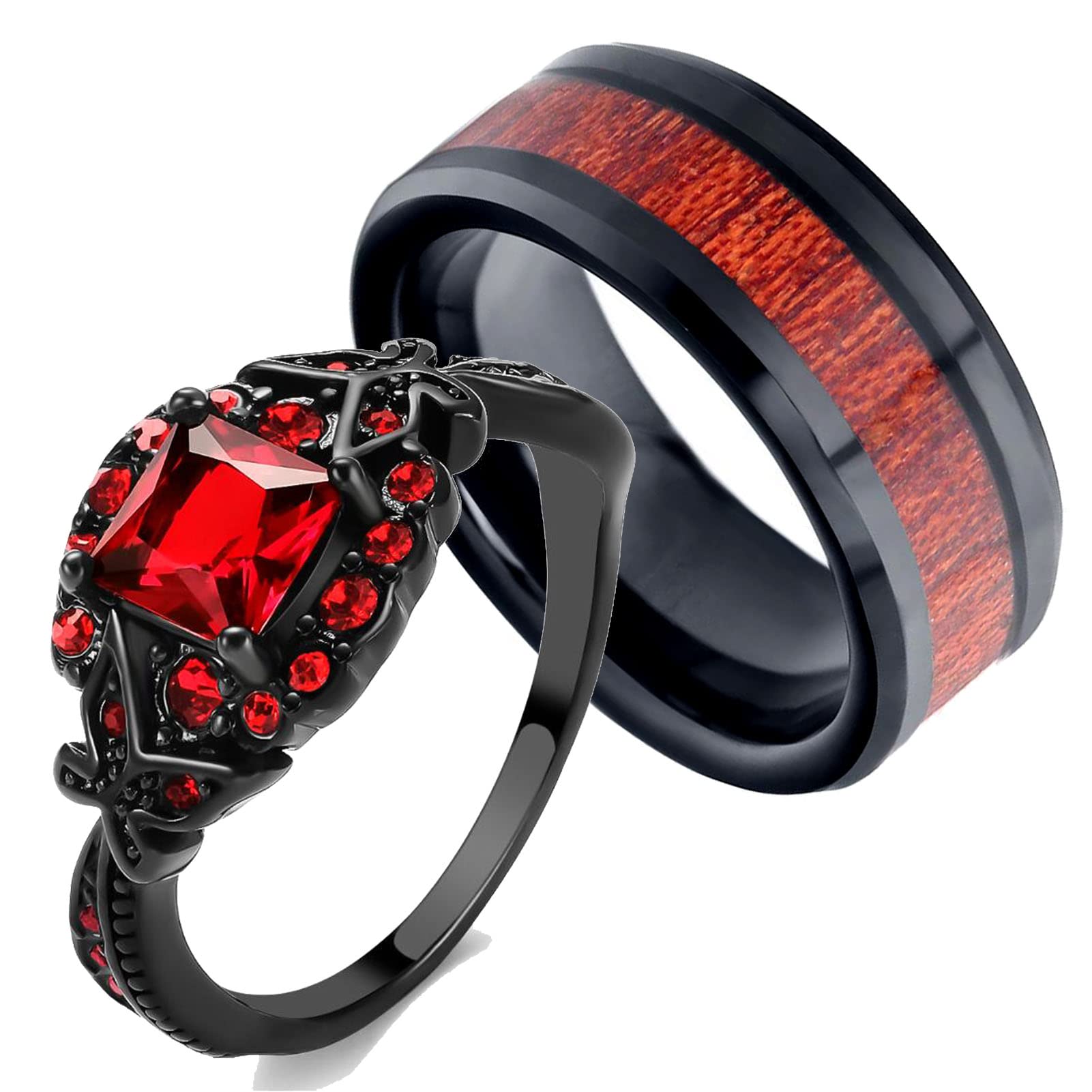 His & Her Matching Couple Rings - Red CZ Wedding Bands for Women & Men | Romantic Gift for Anniversaries, Engagements & Valentine's Day