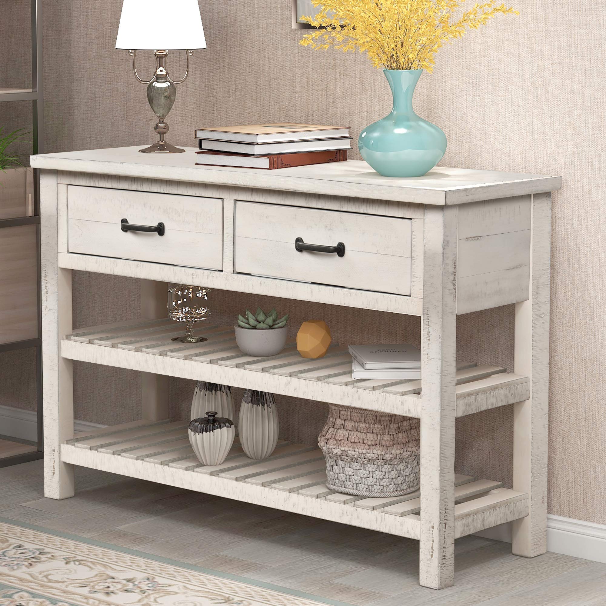Vintage White Console Table with Drawers & Shelf - Mid-Century Modern Entryway Furniture for Hallway, Living Room & Home Decor