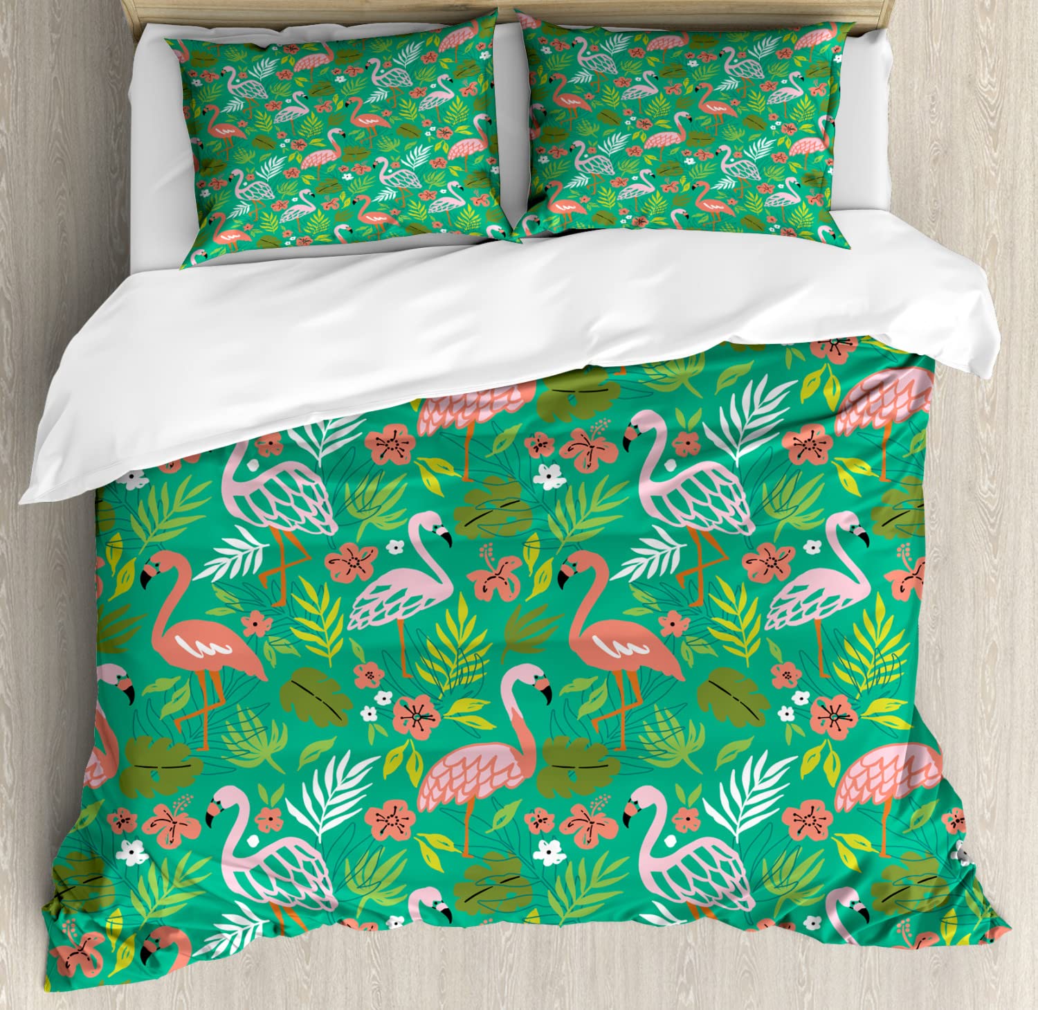 Ambesonne Tropical Duvet Cover Set - Queen Size 2-Pack with 2 Duvet Covers & 4 Pillowcases | Caribbean Style Flamingo Print in Sea Green & Salmon | Breathable Bedding for Beach House, Guest Room & Tropical Themed Decor