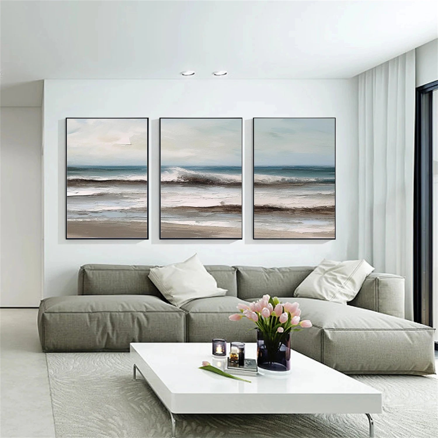 Ocean and Sky Painting Set of 3 - Coastal Wall Art Decor for Living Room, Bedroom, Office | Abstract Seascape Canvas Prints | Modern Home Decor