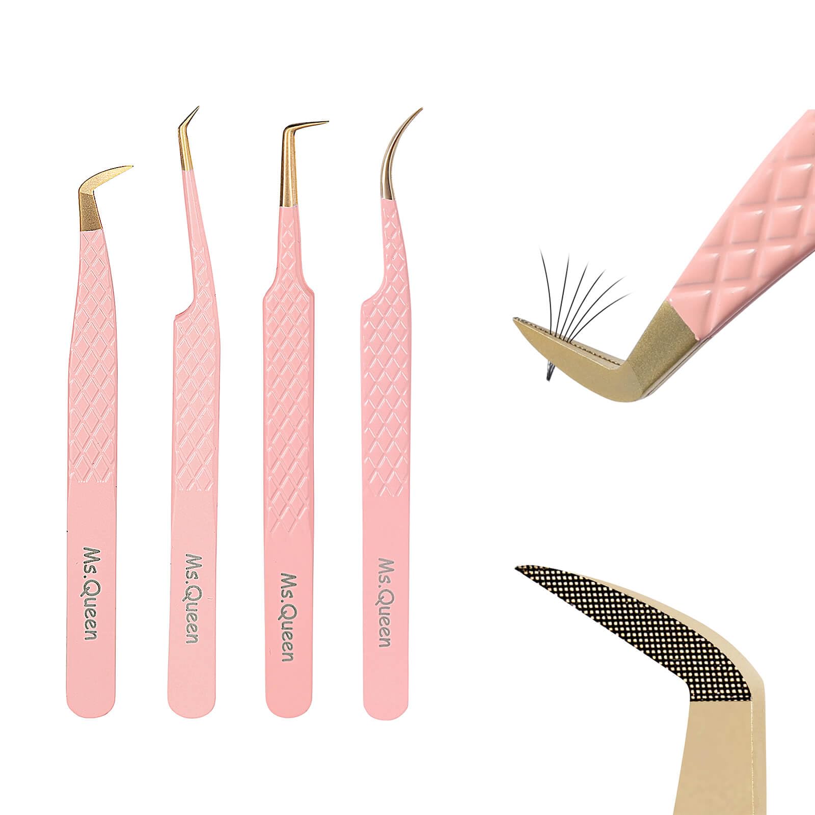 Professional Ms.Queen 4-Piece Fiber Tip Lash Tweezers Set - 45 & 90 Degree Boot Curved Eyelash Extension Tweezers for Salon & Home Use