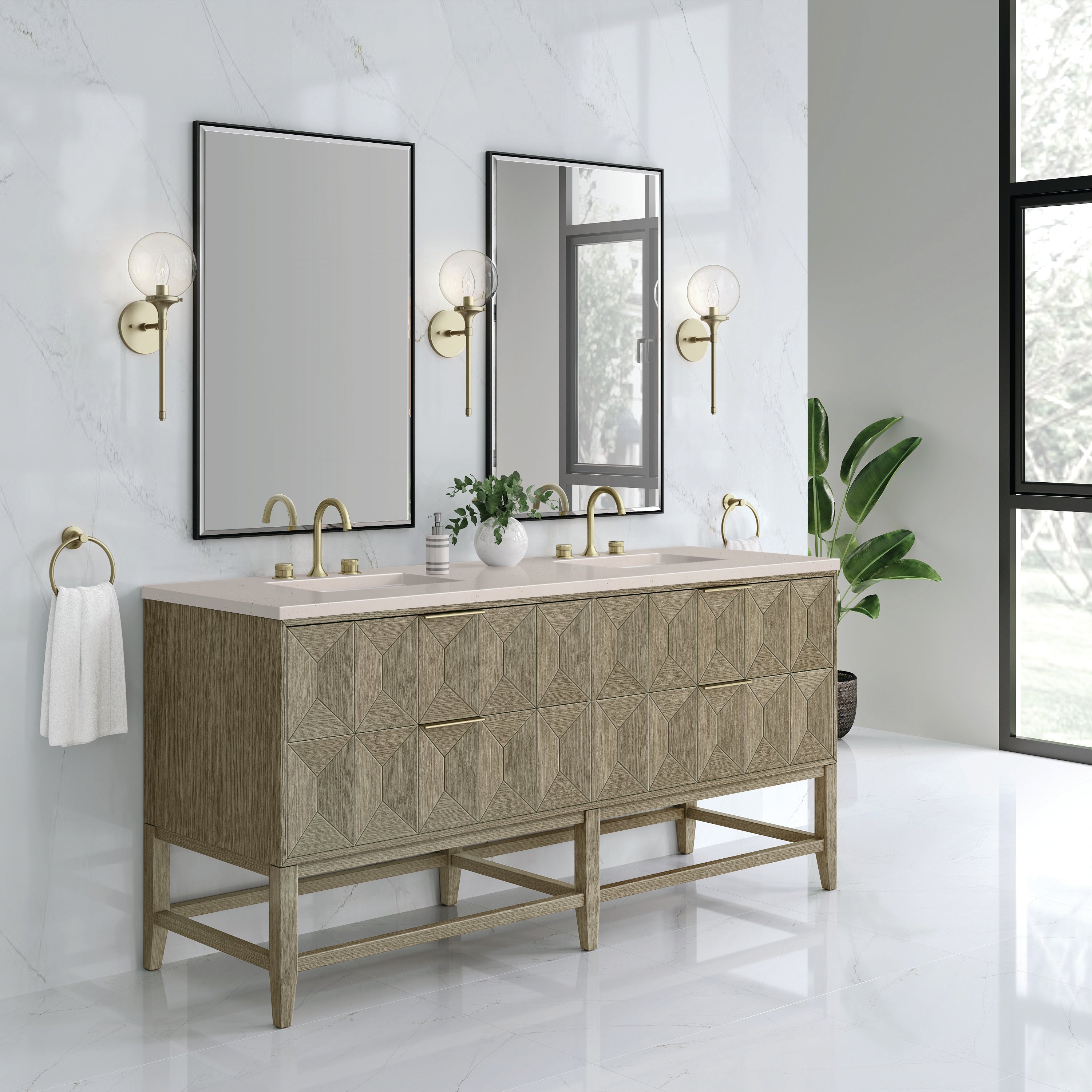 Emmeline 72 Inch Double Bathroom Vanity with Pebble Oak Finish & 3CM Eternal Marfil Stone Top - Perfect for Master Bathroom Renovation & Luxury Home Upgrade