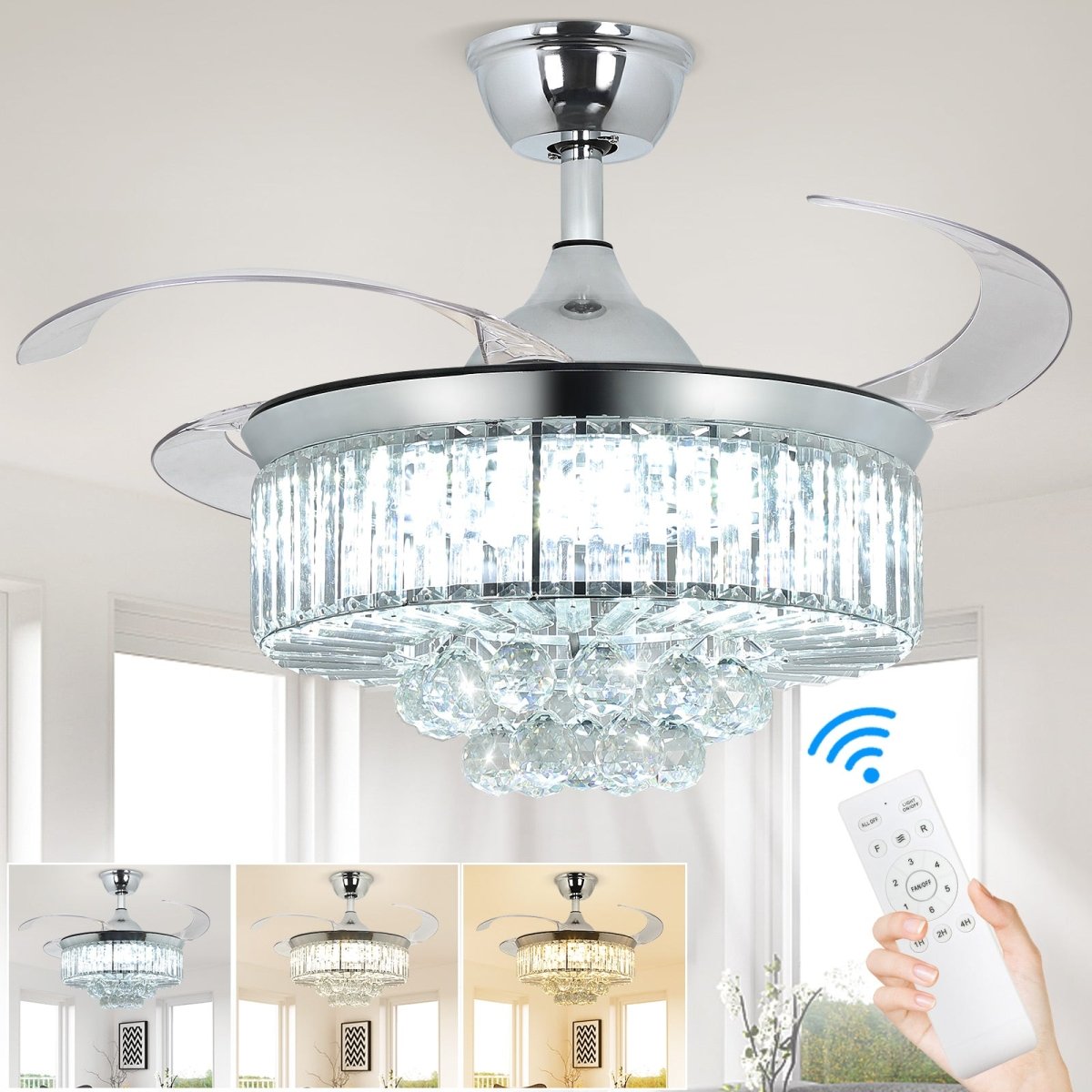 Modern Crystal Retractable Invisible Blades Fandelier - 42 Inch LED Chandelier Ceiling Fan with Remote, 3 Color Temperatures (3000K-6000K), 6-Speed Reversible DC Motor, Silver - Perfect for Bedroom, Living Room, and Dining Room Lighting