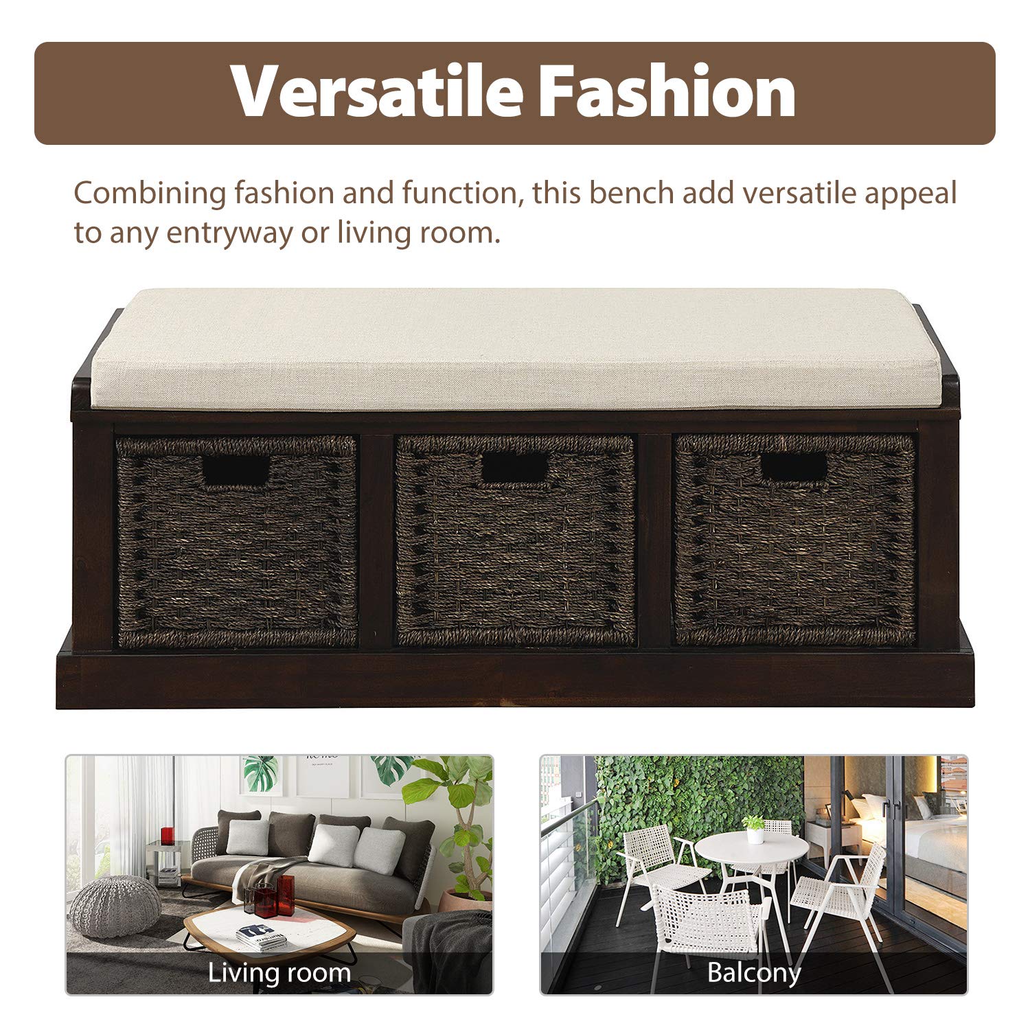 Merax Rustic Entryway Storage Bench with 3 Removable Baskets & Cushion - Shoe Organizer Bench for Living Room, Hallway, Bedroom - Perfect for Entryway Organization & Home Decor