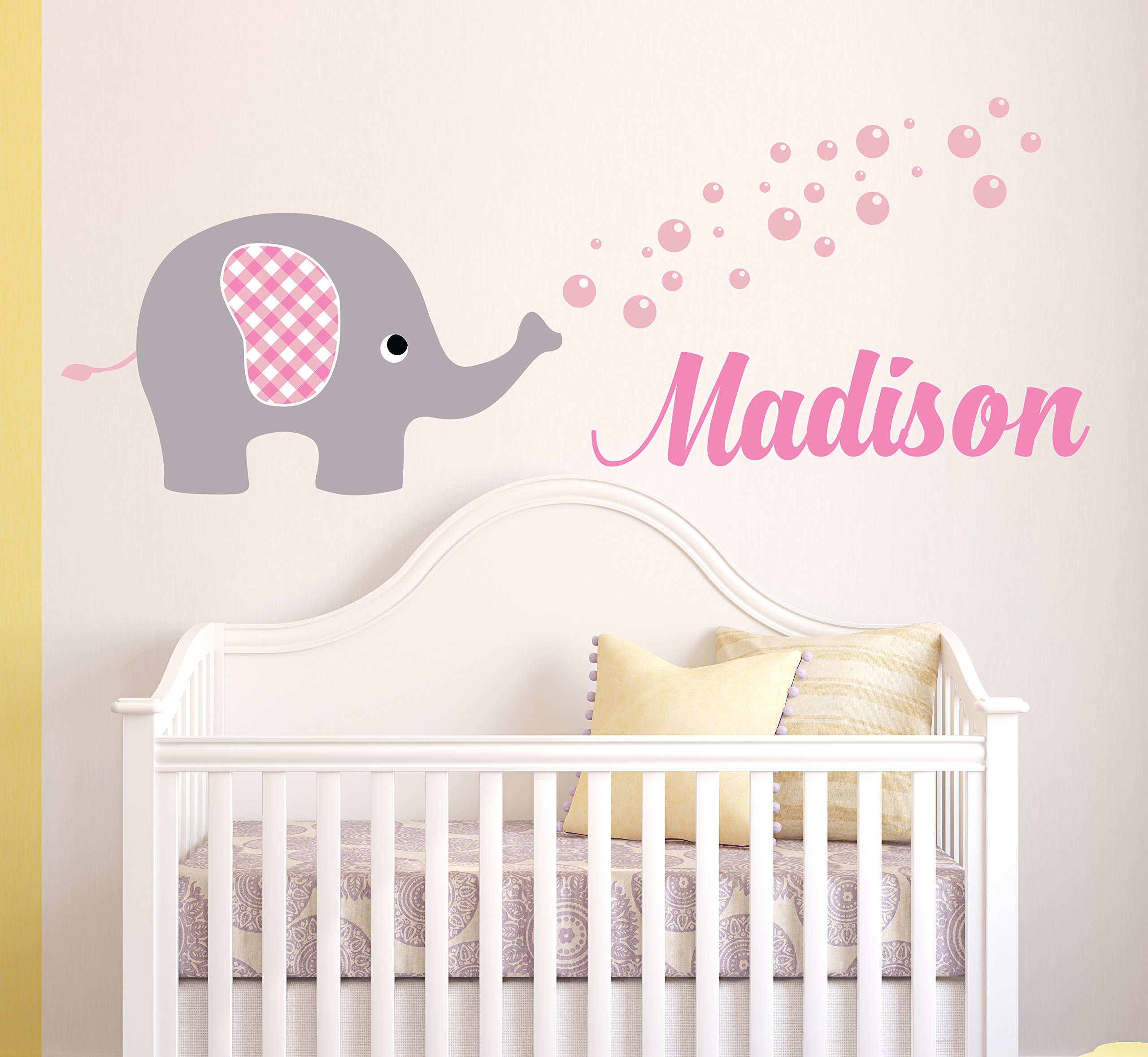 Custom Elephant Name Wall Decal - Nursery Wall Art for Baby Girls - Large 70x26 Inch Vinyl Sticker with Bubble Design - Perfect for Kids' Room Decor & Birthday Party Backdrop