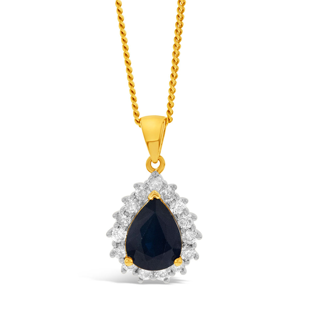 9ct Yellow Gold 1.72ct Natural Black Sapphire & Diamond Pear Halo Pendant Necklace - Elegant Jewelry Gift for Women, Perfect for Weddings, Anniversaries & Special Occasions
