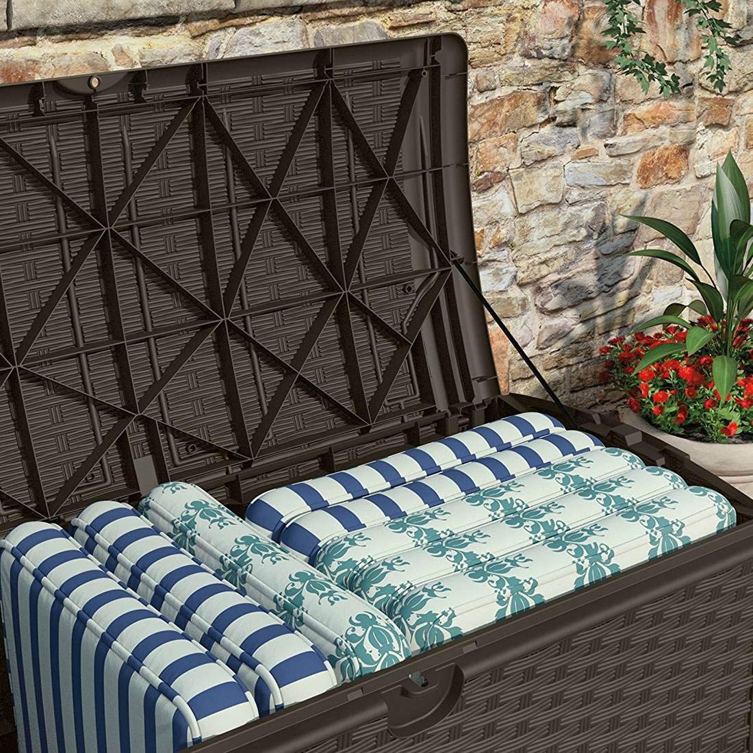 Suncast 72 Gallon Outdoor Storage Deck Box - Easy Assembly Plastic Wicker Patio Furniture Cover for Cushions, Pillows & Accessories | Weather-Resistant Deck Box for Backyard, Poolside & Garden Organization (Brown)