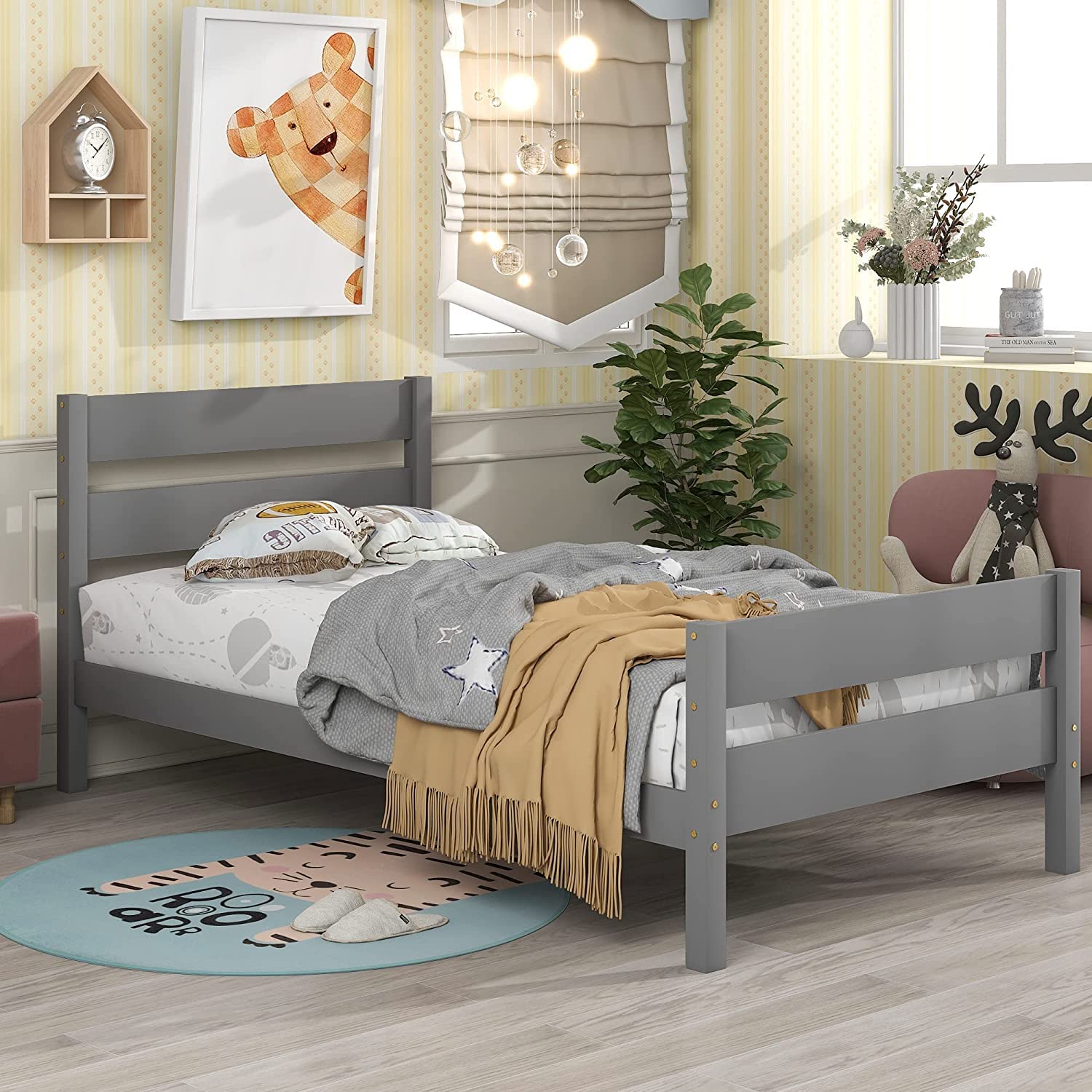 Pvillez Twin Size Wooden Bed Frame with Headboard & Footboard - Sturdy Platform Bed for Kids, No Box Spring Needed, Includes Storage Space - Perfect for Boys & Girls Bedrooms (Gray)