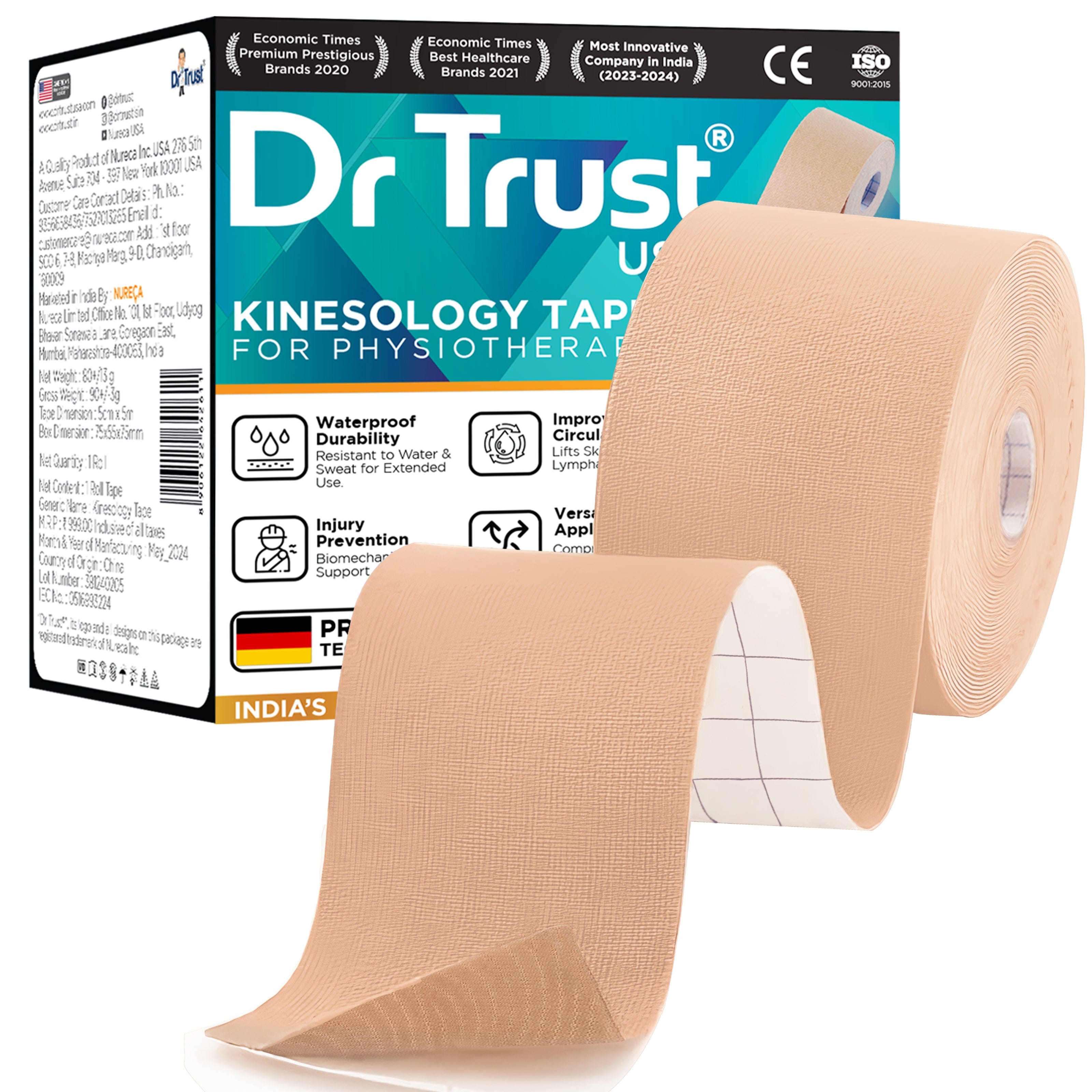 Dr Trust USA Kinesiology Tape 381 - 5m x 5cm Athletic Sports Tape for Pain Relief & Muscle Support - Waterproof Therapeutic Tape for Knee, Ankle, Shoulder & Leg Injuries - Ideal for Athletes, Runners & Physical Therapy (Beige)