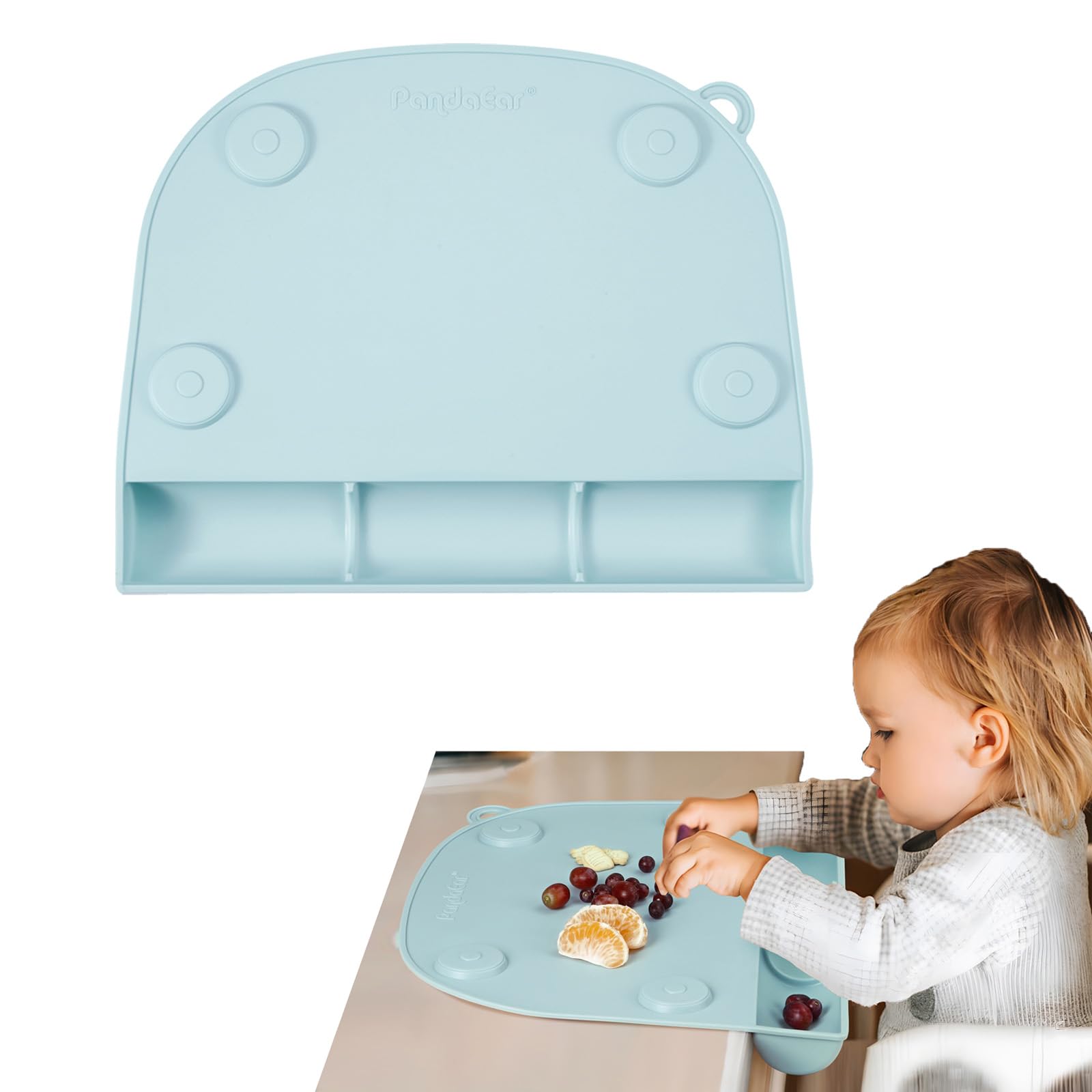 PandaEar Silicone Suction Placemats for Baby & Toddler - Non-Slip, Food-Grade, Easy Clean Dining Mat with Food Catcher Pockets for Home, Restaurant & Travel - Blue