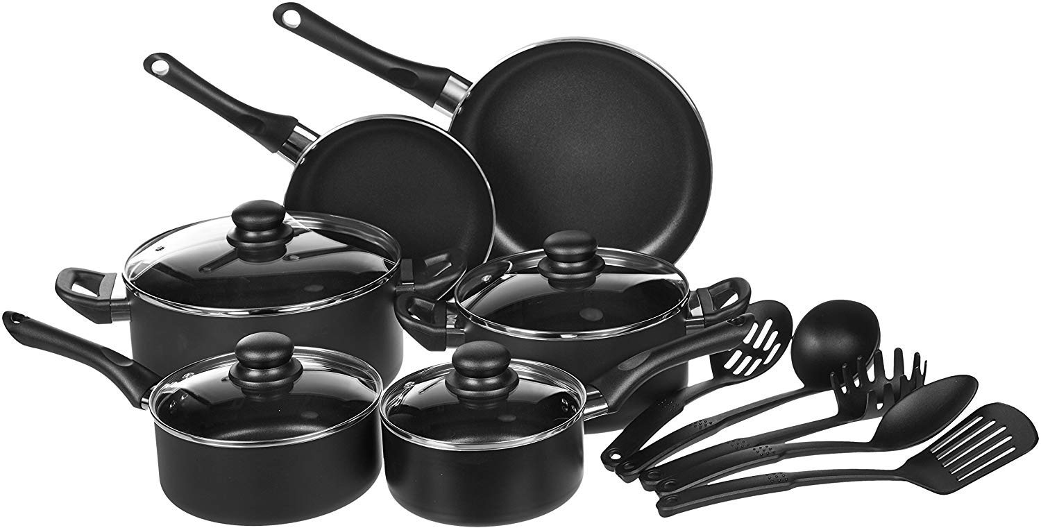 Amazon Basics 18-Piece Kitchen Dinnerware Set - 6 Plates, Bowls & Mugs, Durable Porcelain for Everyday Use | Complete Cookware Set with Non-Stick Pots, Pans & Utensils (15-Piece) | Perfect for Family Dinners, Entertaining Guests & Meal Prep