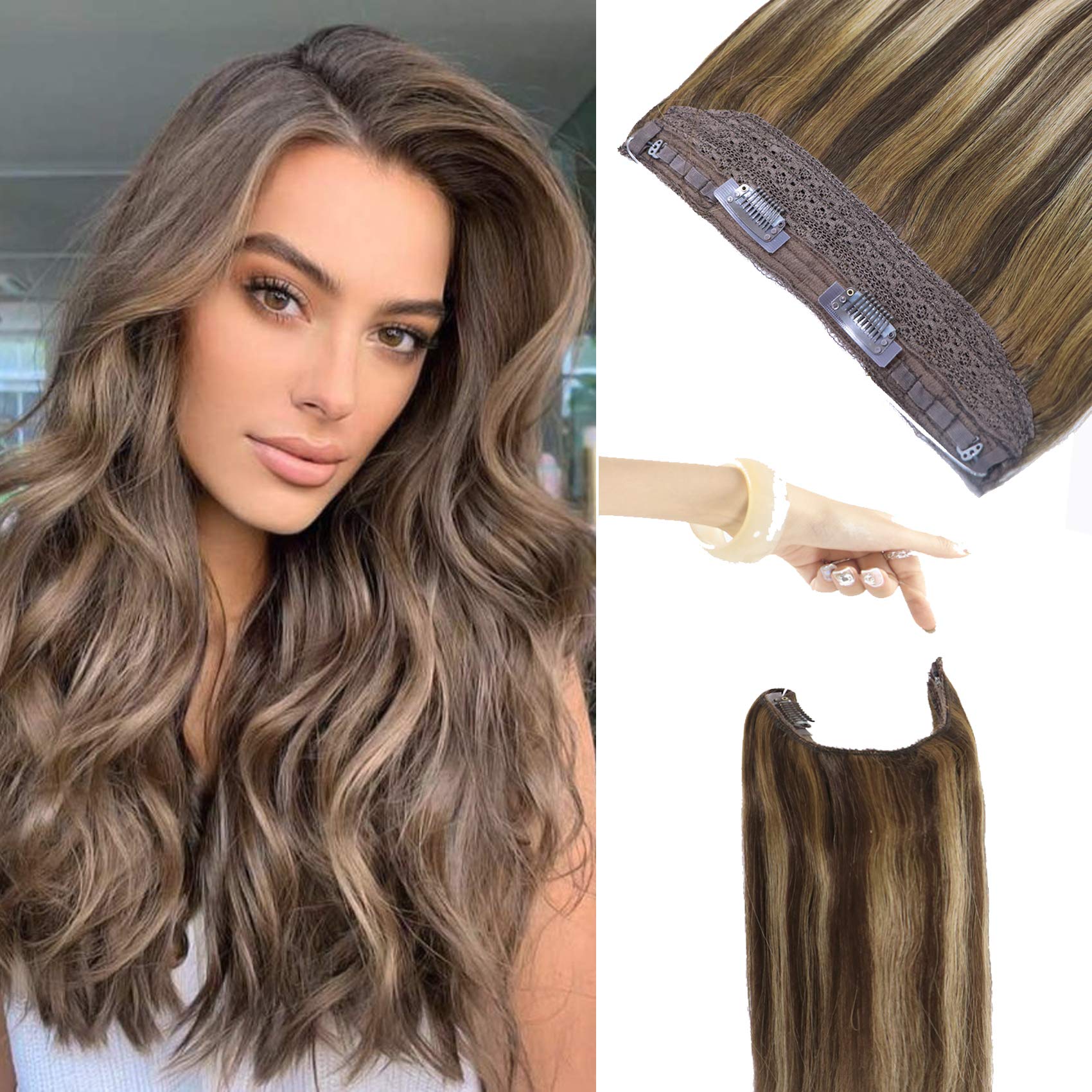 20 Inch Straight Wire Hair Extensions - Dark Brown Mixed Caramel Blonde - 100% Real Human Hair - Invisible Adjustable One Piece (100g/Set) for Daily Styling, Parties & Special Occasions