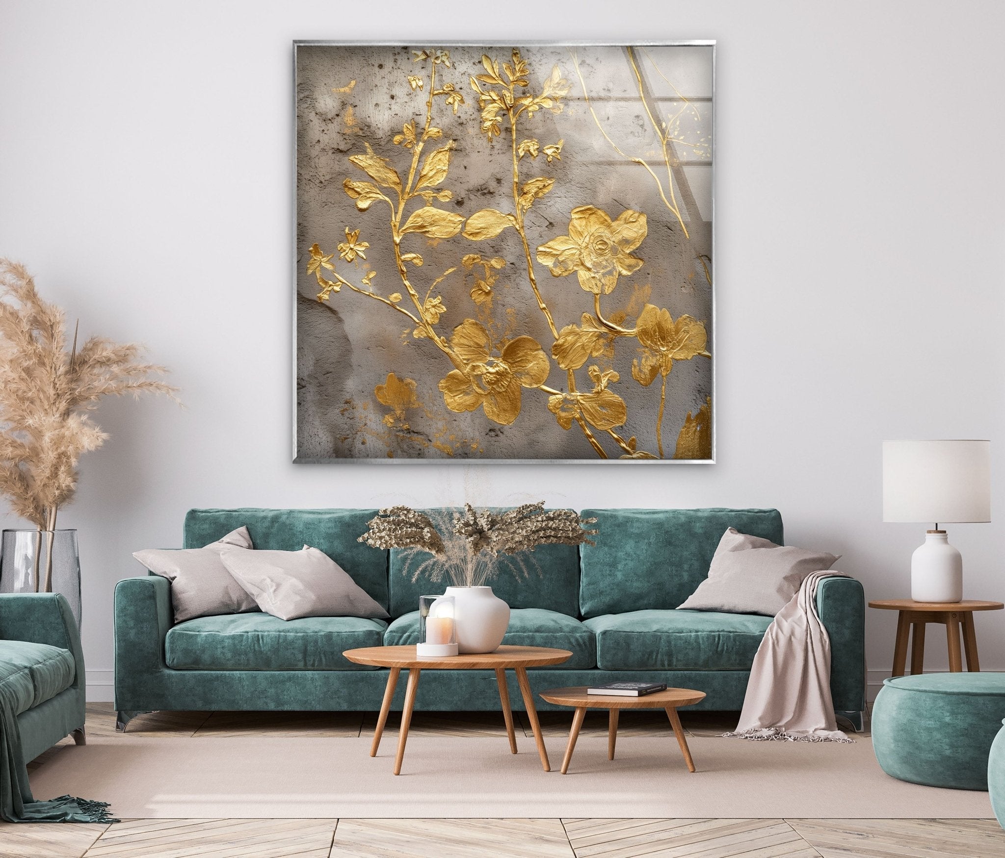 Abstract Gold Flowers Glass Wall Art - Modern Home Decor for Living Room, Bedroom, Office - Elegant Handmade Glass Painting for Wall Display