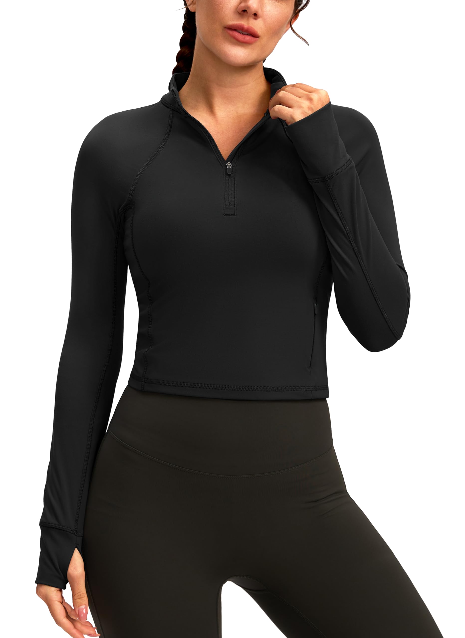 Soothfeel Women's Cropped Half Zip Workout Top - Long Sleeve Yoga Shirt with Pocket for Gym, Running & Athletic Wear - Perfect for Yoga, Pilates, Jogging & Outdoor Activities