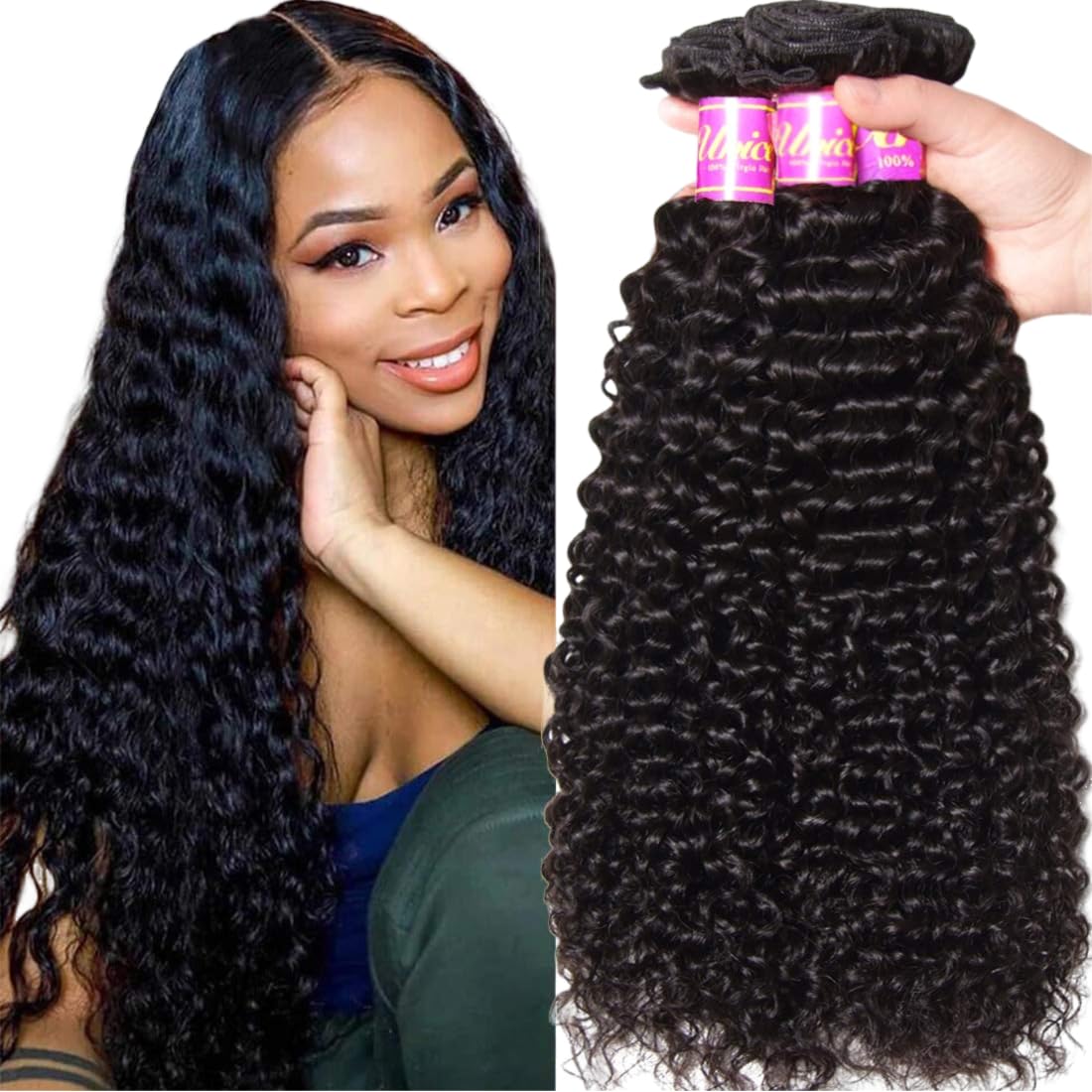Unice 100% Unprocessed Malaysian Curly Human Hair Extensions - 3 Bundles Remy Weft in Natural Color (22 24 26 Inch) for Length & Volume - Perfect for Daily Wear, Special Occasions & Styling