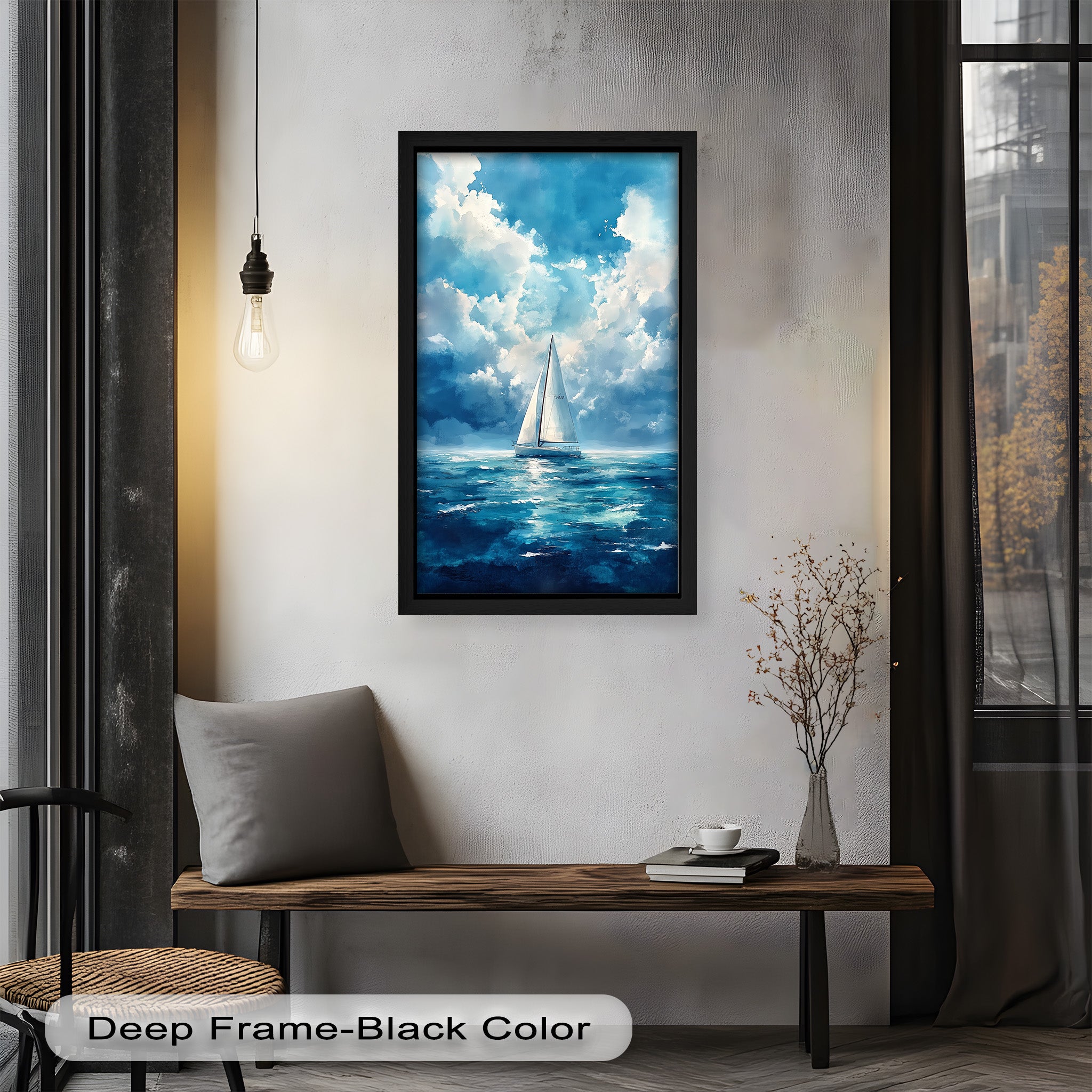 Blue Sky White Sailboat Oil Painting - Handmade Nautical Wall Art for Living Room, Bedroom & Office Decor