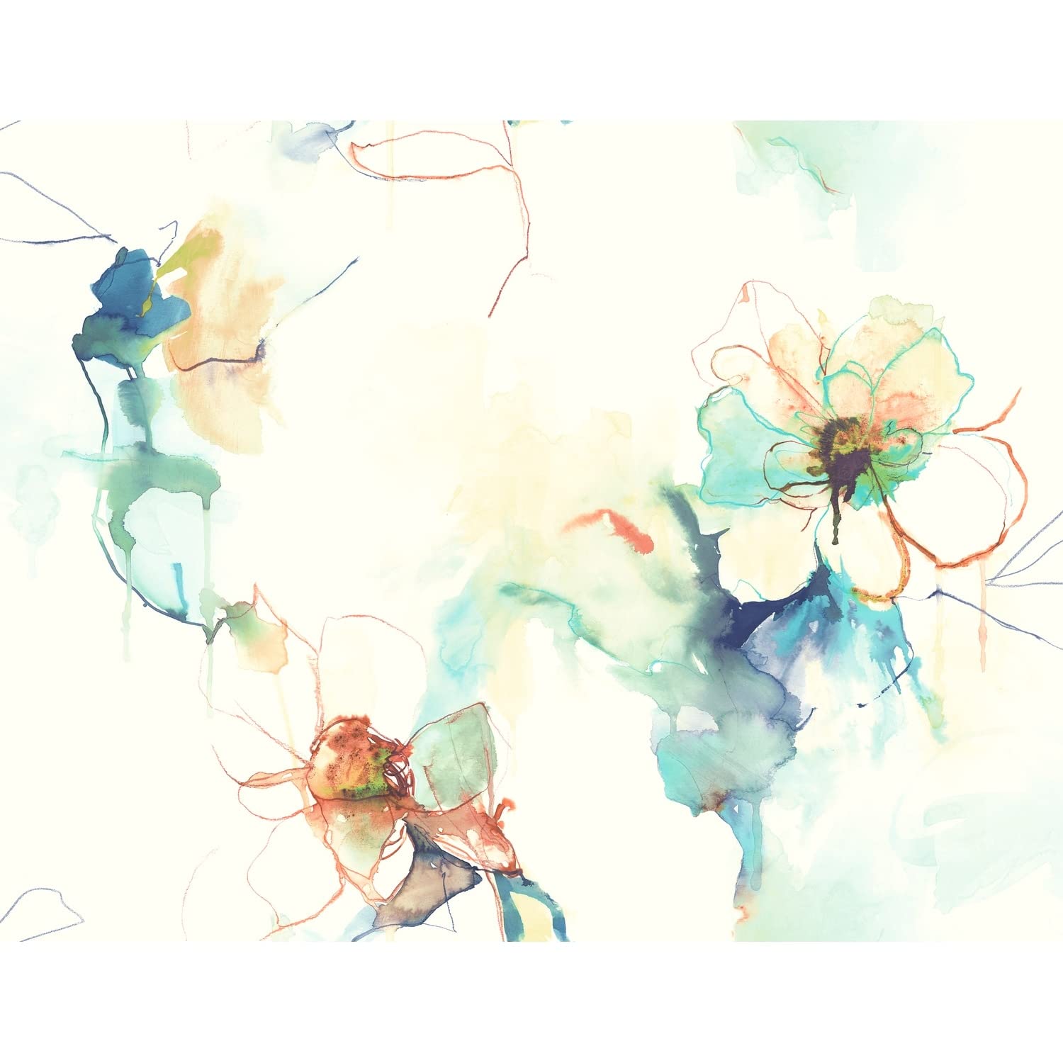 Living with Art Watercolor Floral Unpasted Wallpaper - Turquoise & Persimmon Design - Perfect for Bedroom, Living Room & Nursery Decor