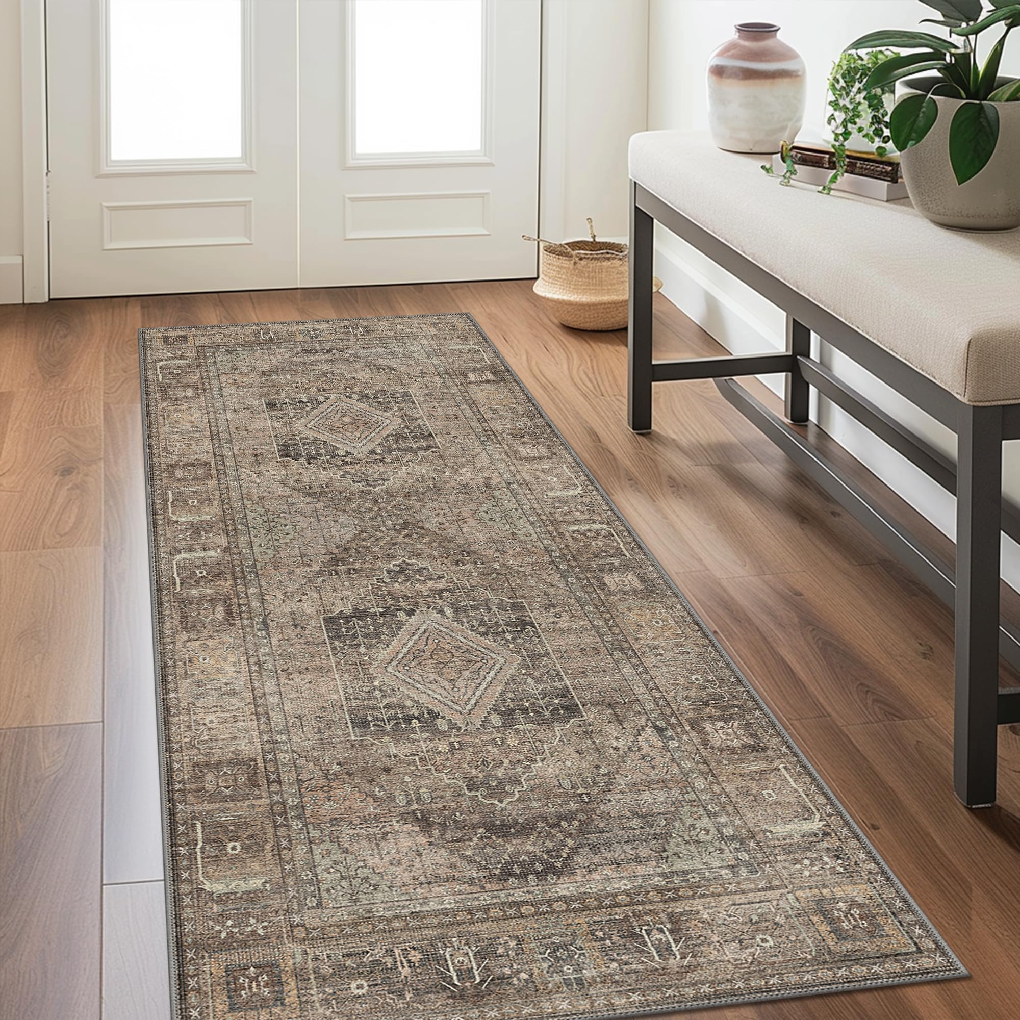 GENIMO 2x5 Non-Slip Runner Rug - Washable Low Pile Lightweight Carpet for Hallway, Living Room, Entryway, Bedroom & Kitchen - Tan | Perfect for High Traffic Areas & Home Decor