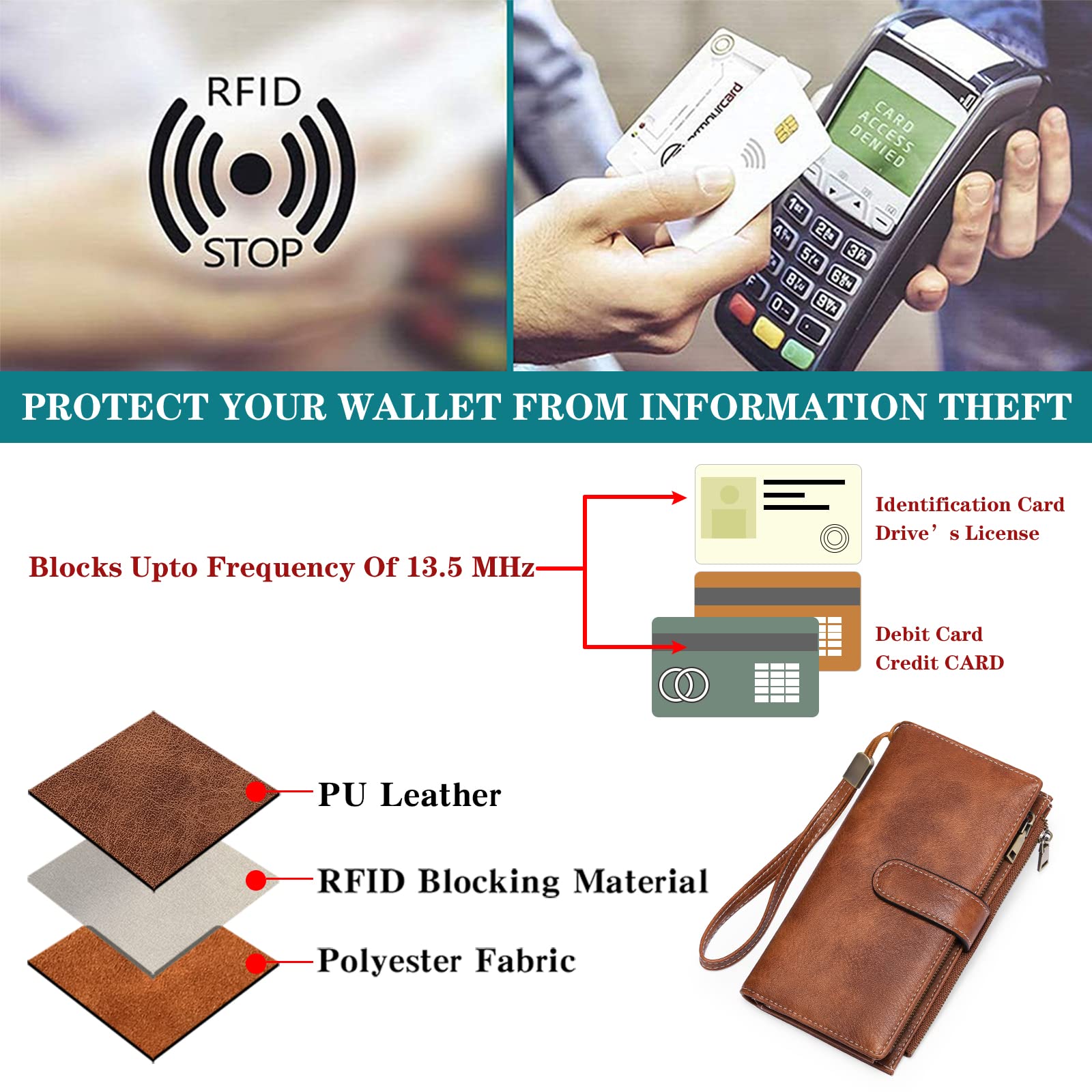 GOIACII Women's RFID Blocking Leather Wallet - Large Capacity Bifold Clutch with Double Zipper Pockets & Wristlet Strap | Perfect for Everyday Use, Travel, and Gift Giving