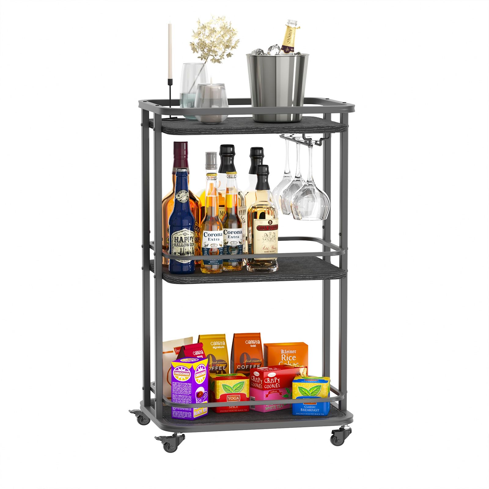 IBUYKE 3-Tier Rolling Bar Cart with Wheels - 11.79x15.72x33.01 Inches Mobile Kitchen Storage Cart - Perfect for Home Bar, Outdoor Patio, Bedroom & Small Space Organization - TMJ319B