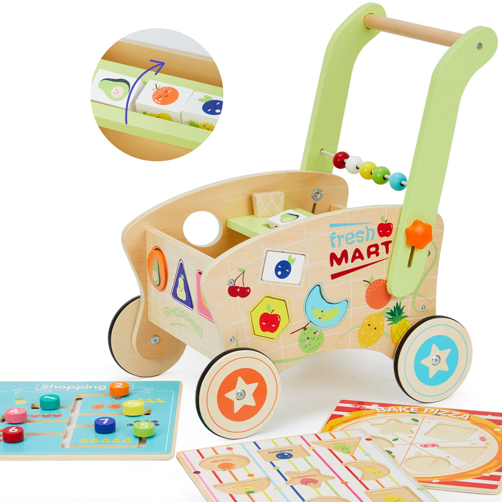 Wooden Baby Walker for Toddlers 1-3 Years - Adjustable Height Push & Pull Learning Toy with Shape Sorting Grocery Cart - Montessori Educational Toy for Boys & Girls - Perfect for Indoor Play, Early Childhood Development & Montessori Learning Activities
