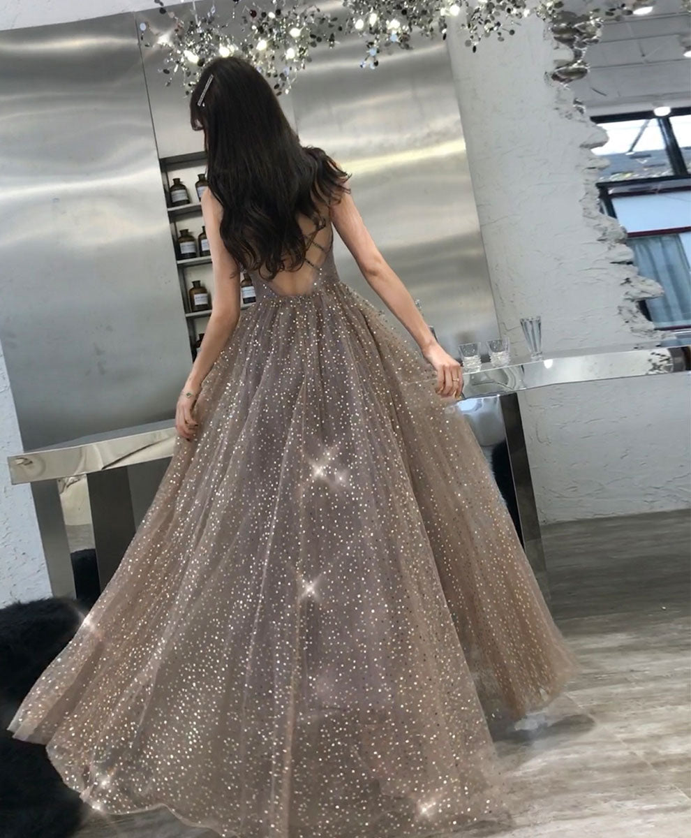 Elegant Champagne V-Neck Tulle Sequin Long Prom Dress for Formal Events - Perfect for Homecoming, Prom Night & Evening Galas
