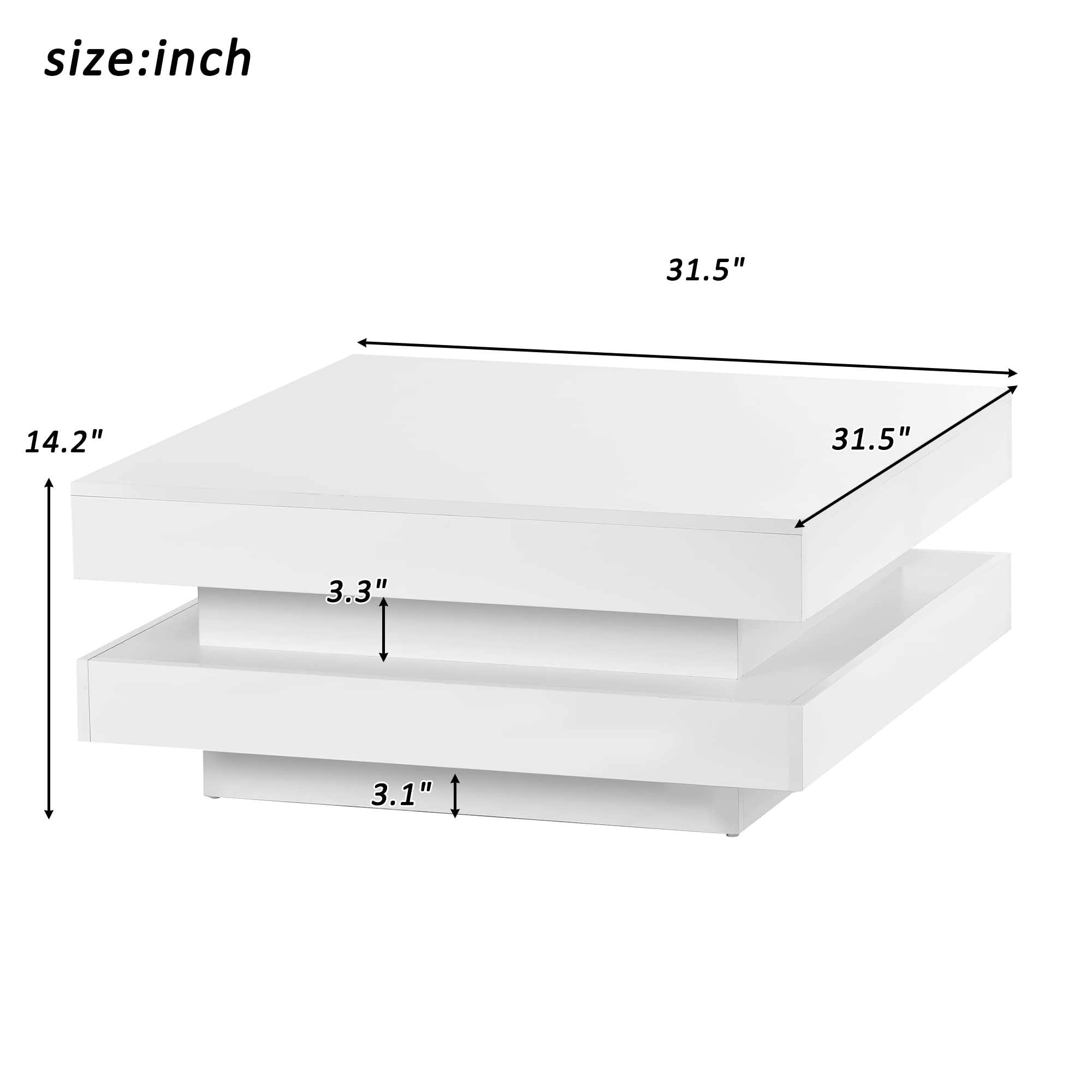 Modern 2-Tier Square Coffee Table with LED Lighting - High Glossy White LED Center Table for Living Room - Perfect for Small Spaces, Home Decor & Entertaining Guests