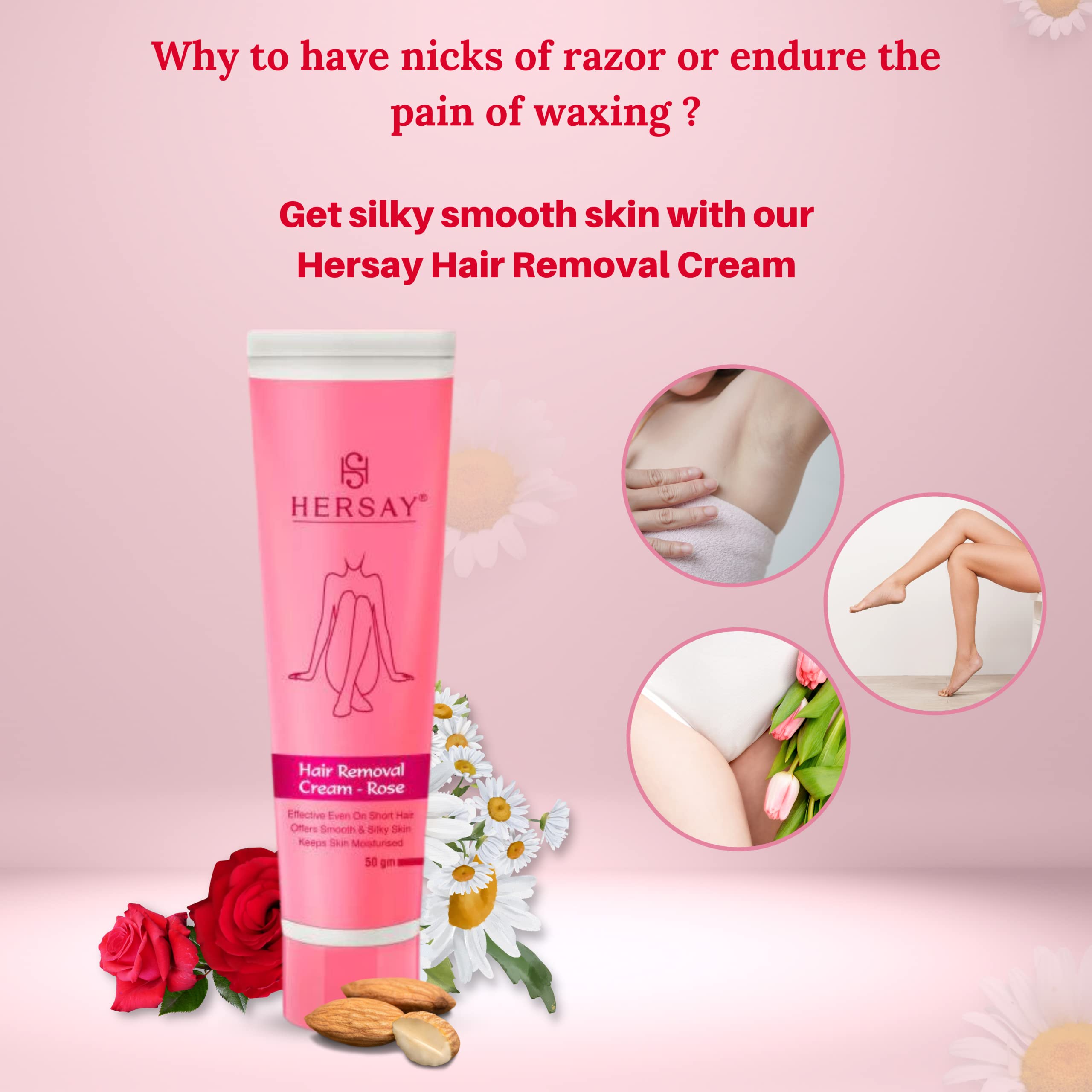 Hersay Hair Removal Cream for Women - Painless & Flawless Depilatory Cream with Shea Butter, Almond Oil & Aloe Vera | Soothes & Moisturizes Skin | Pack of 3 (50g Each) | Perfect for Legs, Arms, Bikini Line & Underarms Hair Removal
