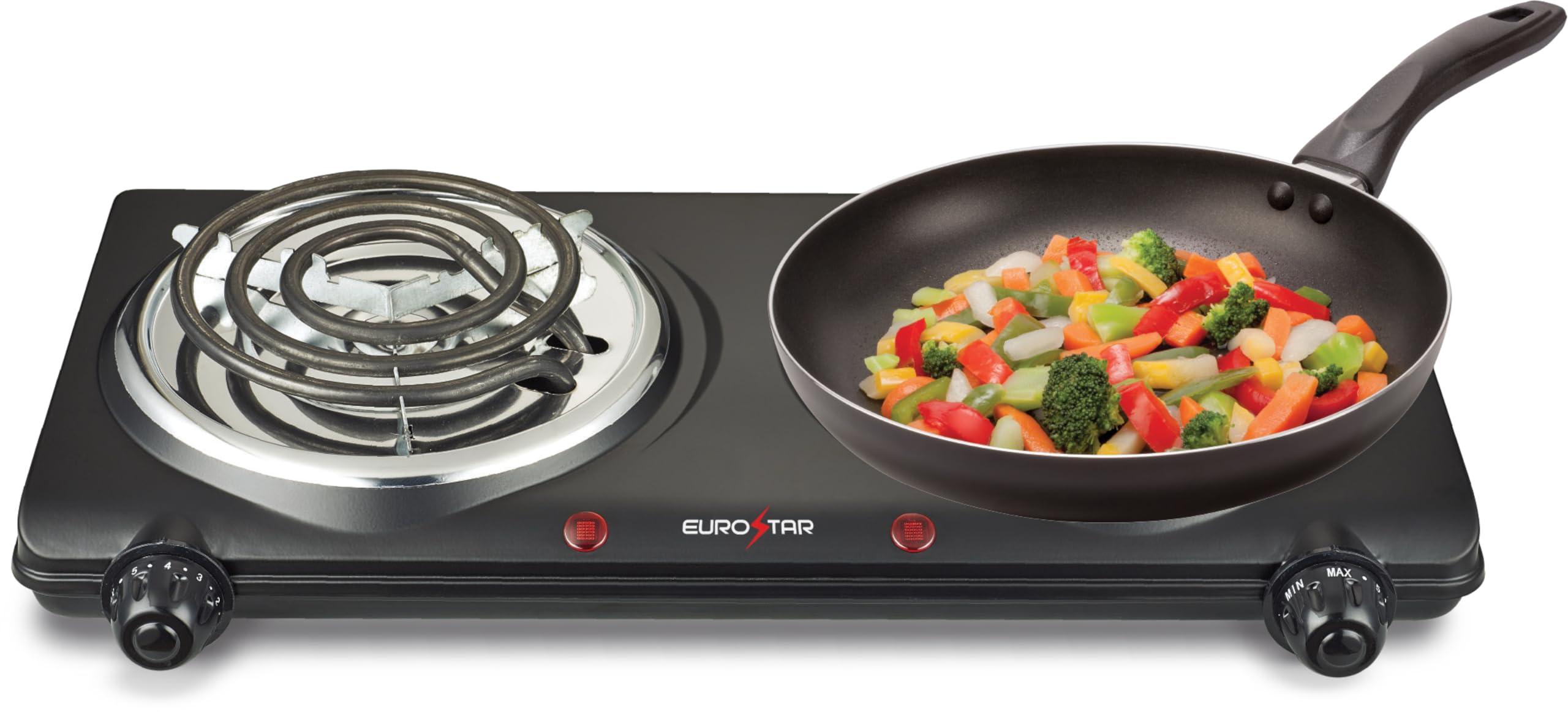 Eurostar ES202BK Double Burner Electric Stove with Spiral Heating Plates - Black Countertop Induction Cooktop for Home & Kitchen - Perfect for Dorm, RV, Camping & Small Space Cooking