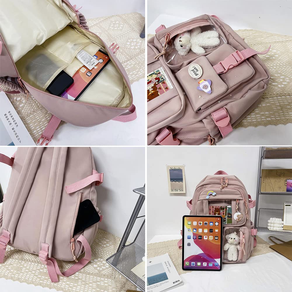 Preppy Kawaii Backpack for Girls with Pin & Accessories - School & Travel (Red)