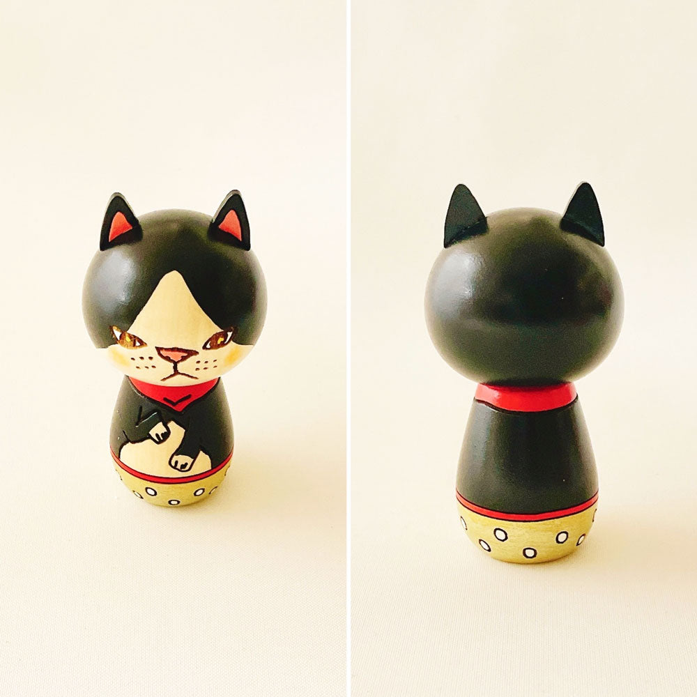 Japanese Kokeshi Doll - Handmade Black Cat Wooden Figurine | Traditional Home Decor, Gift for Cat Lovers, Zen & Japandi Style Interior Accent