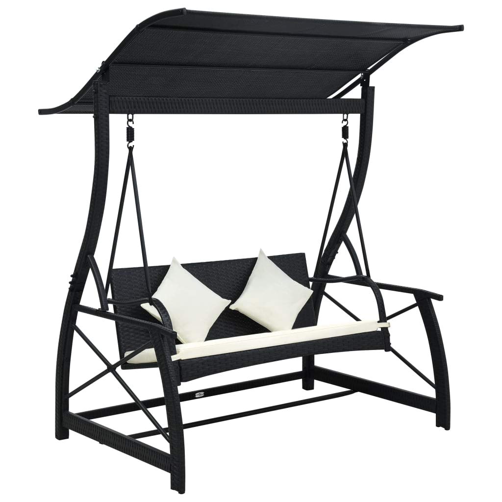 3 Person Outdoor Patio Swing with Canopy - Steel Frame & Removable Cushions - Weather-Resistant Poly Rattan in Black - Perfect for Garden, Porch, Deck, Balcony & Poolside Relaxation