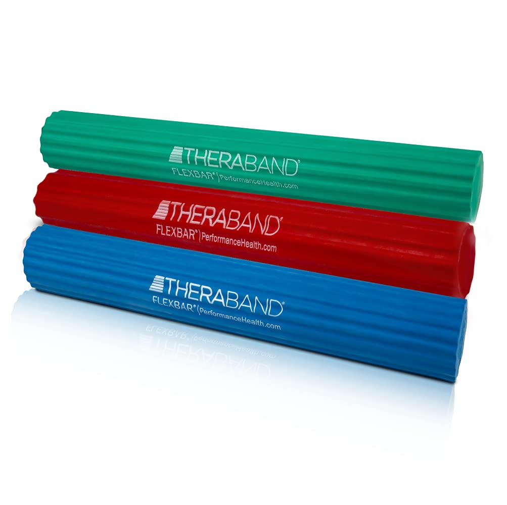 THERABAND FlexBar Resistance Bar for Tennis Elbow & Golfers Elbow - 3 Pack (Light/Medium/Heavy) with Red, Green, Blue Bars - Relieve Tendonitis Pain & Improve Grip Strength - Perfect for Physical Therapy, Rehabilitation & Sports Training