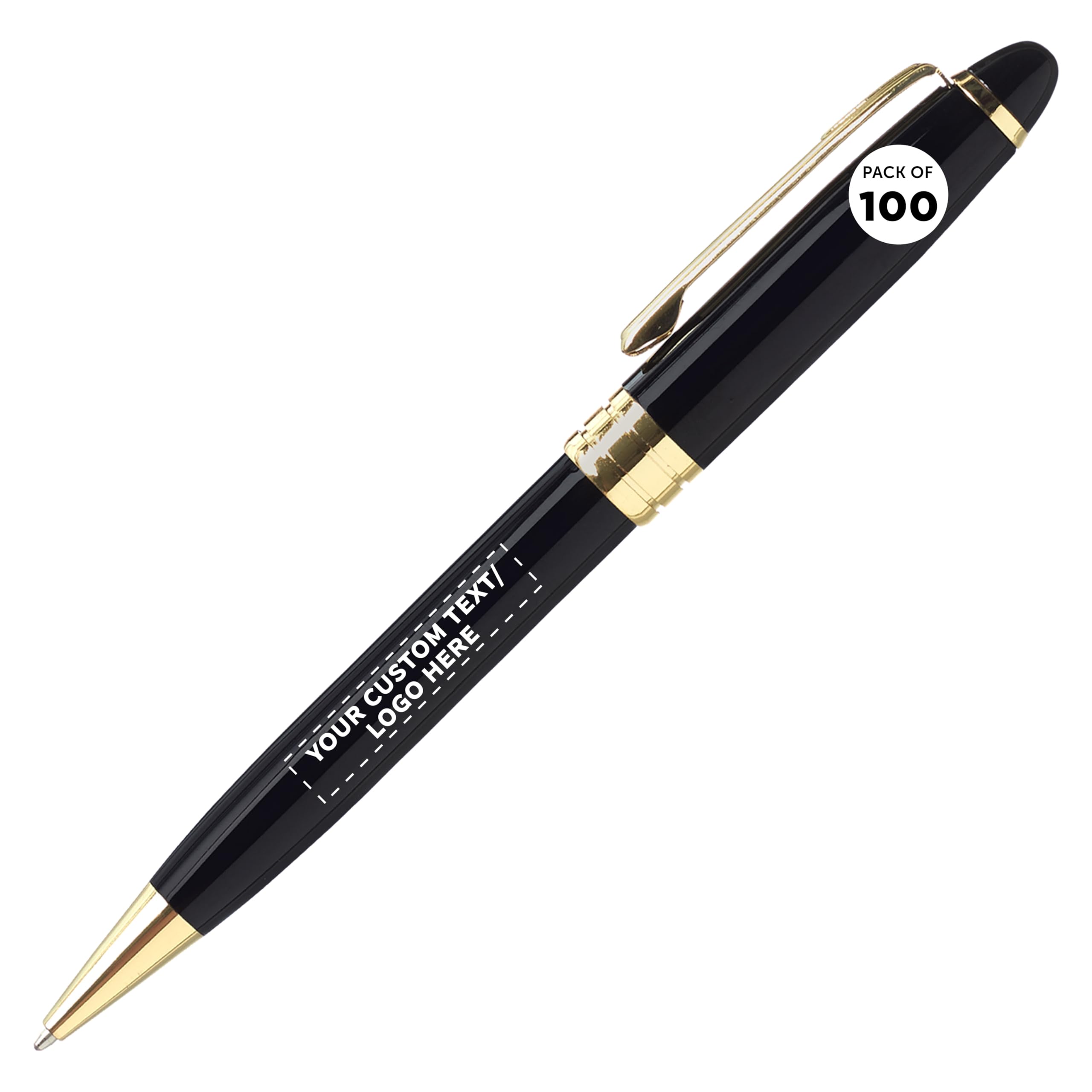 100 Premium Executive Pens Bulk Pack - Custom Text & Logo Engraving, Twist Mechanism, Gold Accent - Black Ink Ballpoint Pens for Office Gifts, Corporate Events & Business Promotions