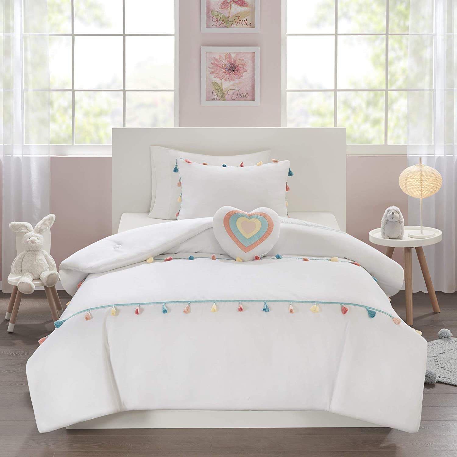 Mi Zone Kids Tessa Cozy Comforter Set - Colorful Fun Design All Season Twin Bedding for Girls | Soft & Breathable 3-Piece Comforter Set with Tassels (White) | Perfect for Kids' Bedroom Decor, Sleepovers & Cozy Nights