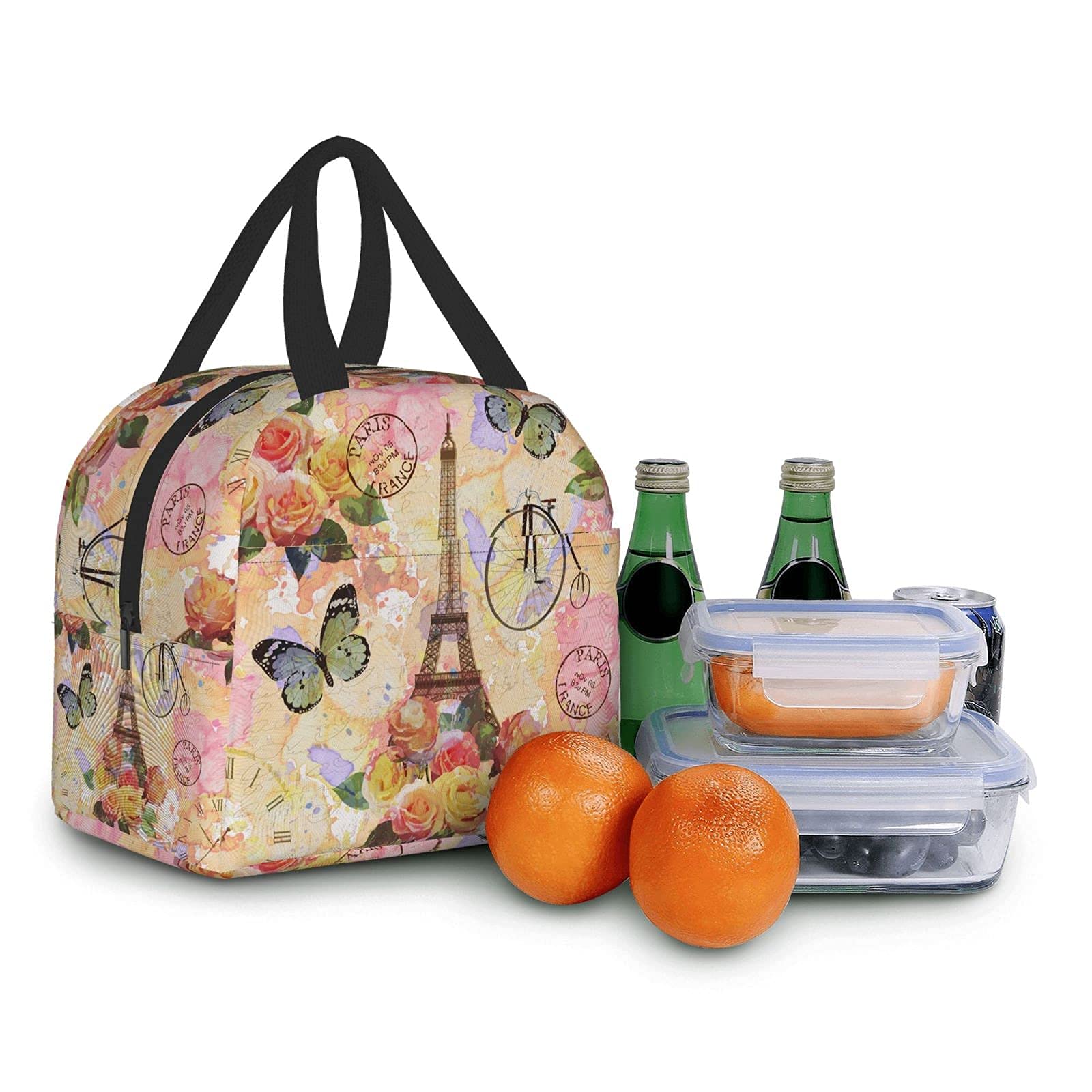 Paris Eiffel Tower Butterfly Floral Print Insulated Lunch Bag - Reusable Tote for Women & Men, School, Office, Work, Picnic & Travel