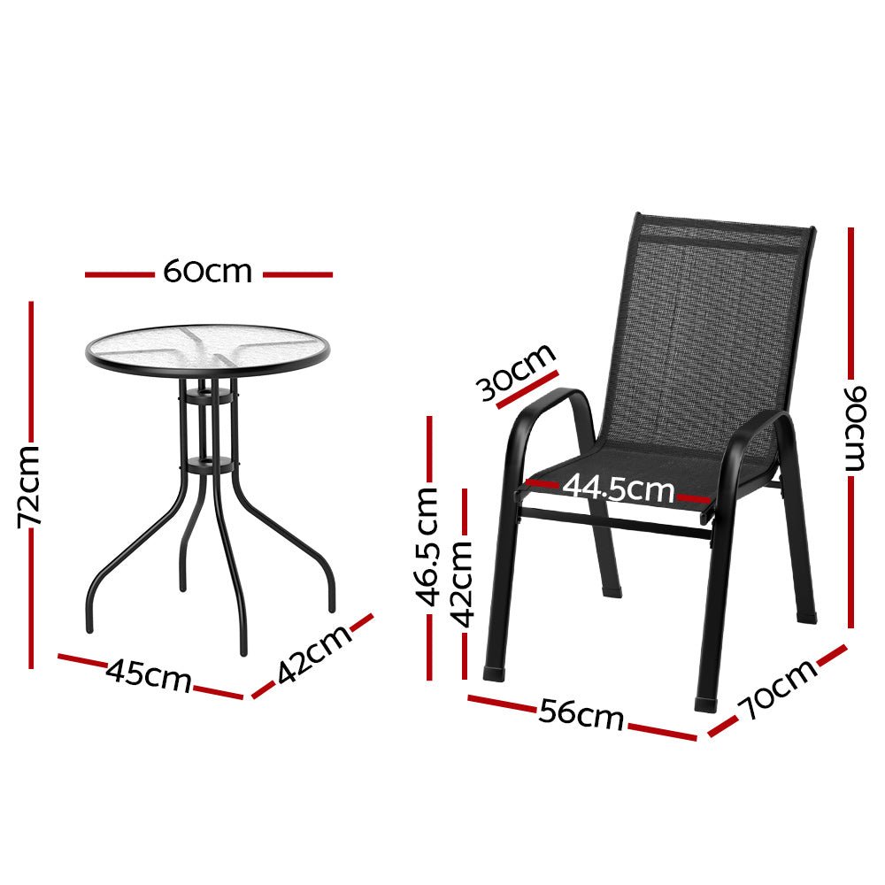 3-Piece Black Bistro Set - Stackable Outdoor Patio Table and Chairs for Garden, Balcony, Backyard & Poolside Dining