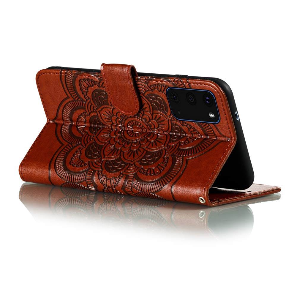Premium PU Leather Mandala Embossed Flip Wallet Case for Samsung Galaxy S20 Plus - Shockproof Cover with Card Holder & Kickstand (Brown) - Perfect for Daily Use, Travel, and Business Meetings