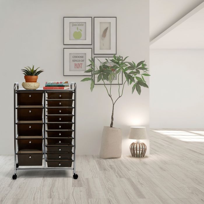 15-Drawer Rolling Organizer Cart with Wheels - Black Storage Cart for Office, Craft Room, or Bedroom Organization