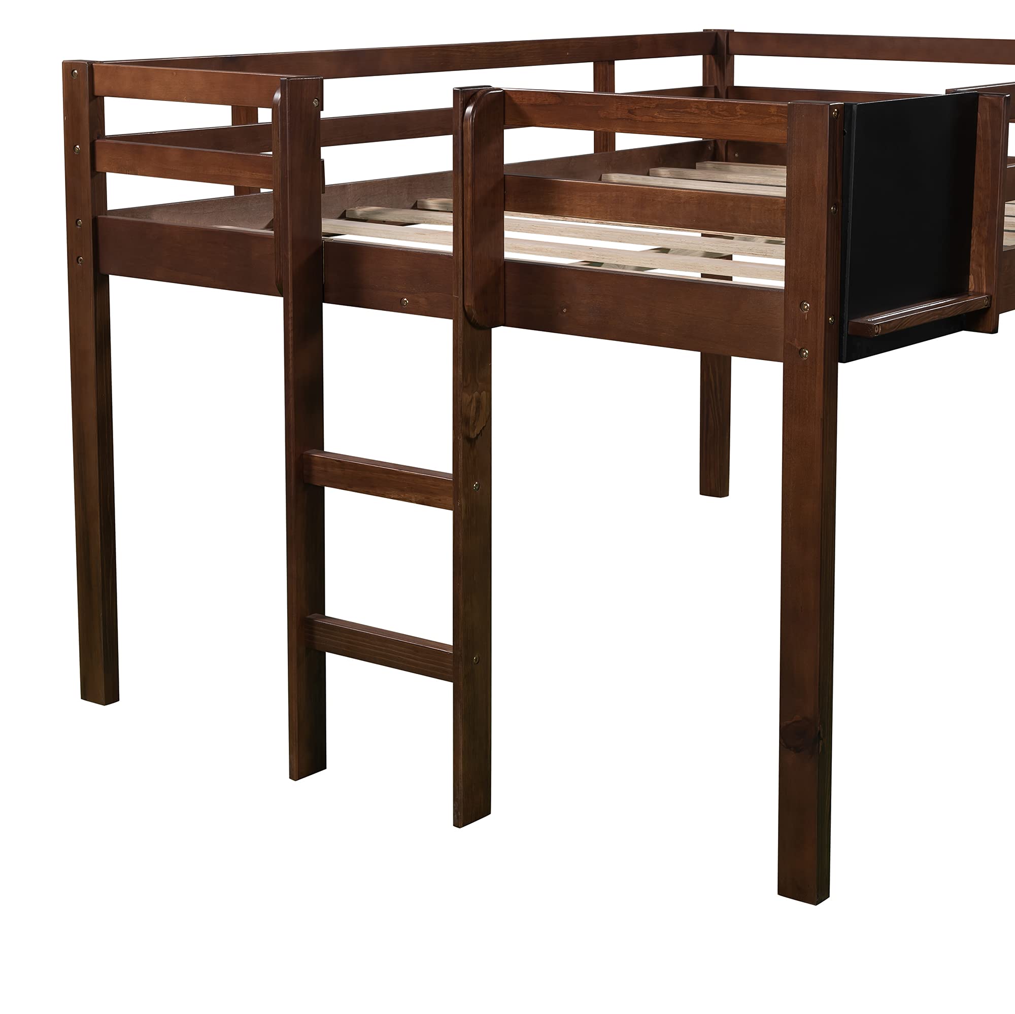Full Size Solid Wood Loft Bed with Slide, Stairs & Chalkboard - Low Profile Kids Bedroom Furniture for Apartments & Dorm Rooms - Perfect for Boys, Girls & Teens (Walnut Finish) - Space-Saving Sleep & Play Solution for Small Rooms