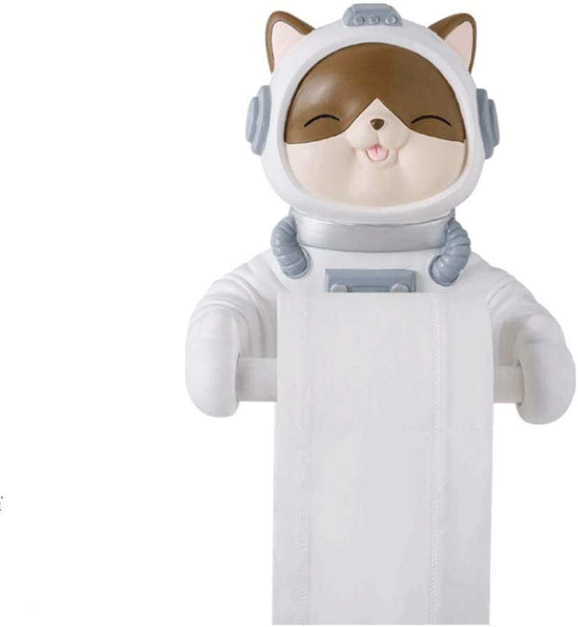 Wall-Mounted Toilet Paper Holder with Cartoon Spaceman Cat Design - No Punch Free Hanging Bathroom Tissue Box Storage Organizer - White Modern Bathroom Decor for Home, Apartment & RV Use