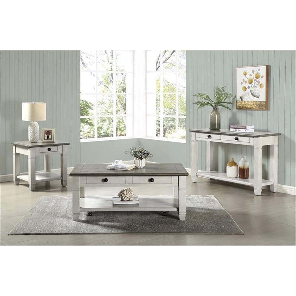 Lexicon Granby Wood 2 Drawer Coffee Table in Antique White - Modern Living Room Furniture for Small Spaces, Home Decor & Storage Solution | Perfect for Apartments, Dorms & Cozy Homes
