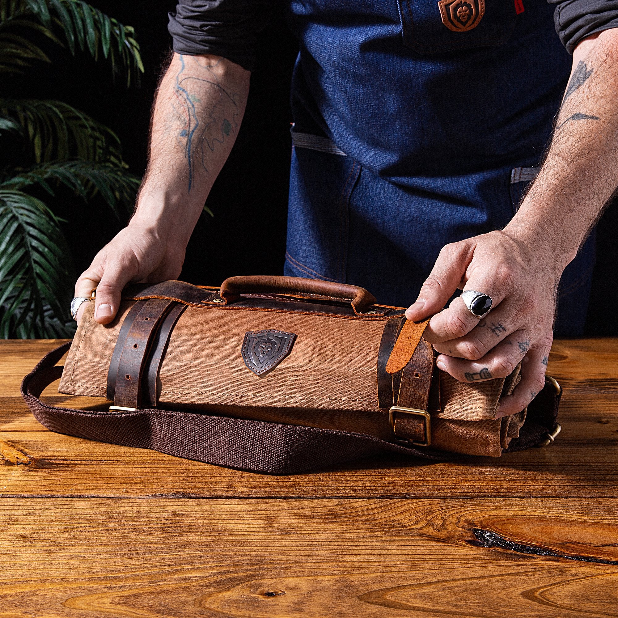 12oz Heavy Duty Canvas & Leather Knife Roll - Desert Drifter Brown - Professional Chef Knife Organizer - Dalstrong © - Perfect for Chefs, BBQ & Camping Gear Storage