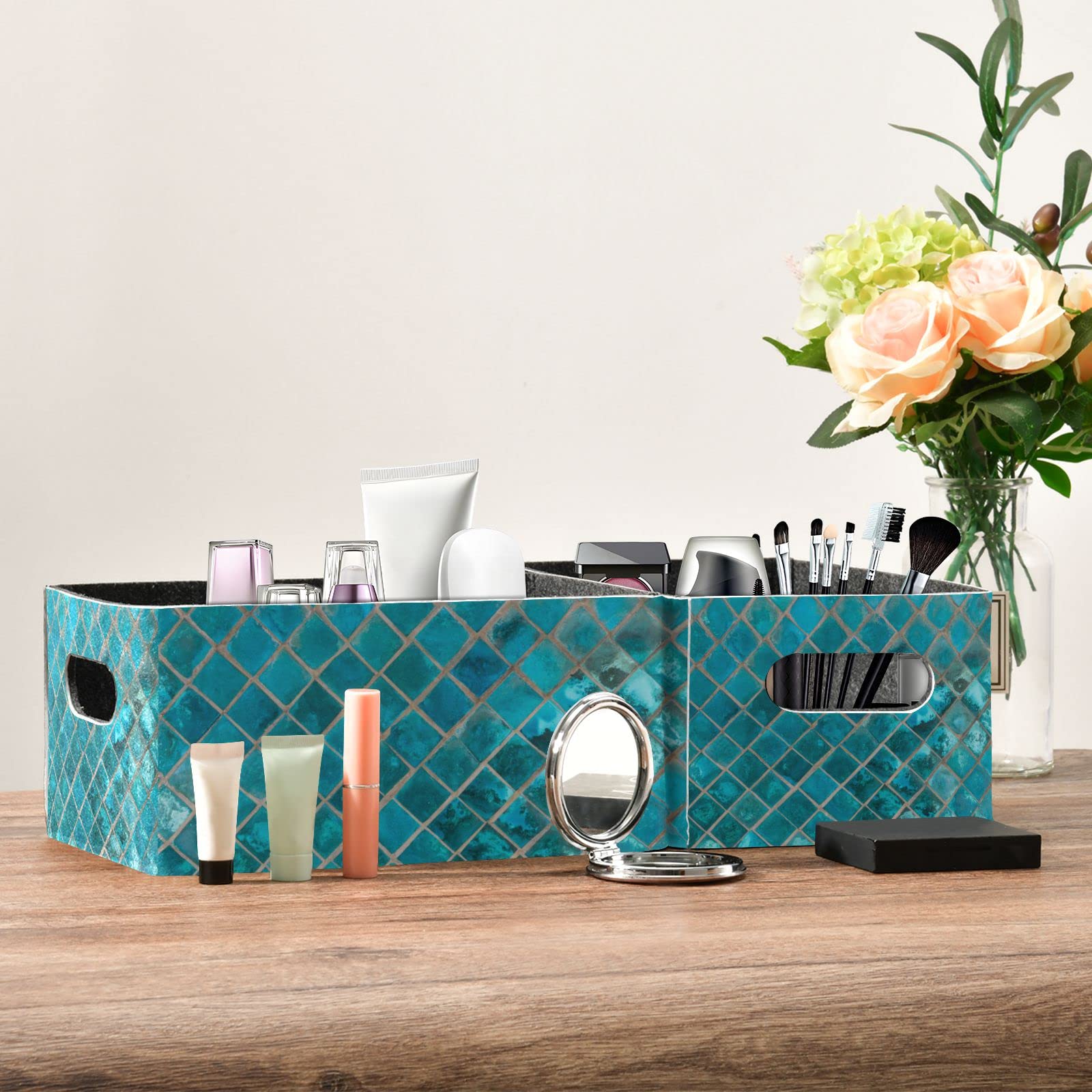 Shiny Turquoise Ceramic Storage Baskets - Foldable Organizer for Shelves, Closet & Nursery